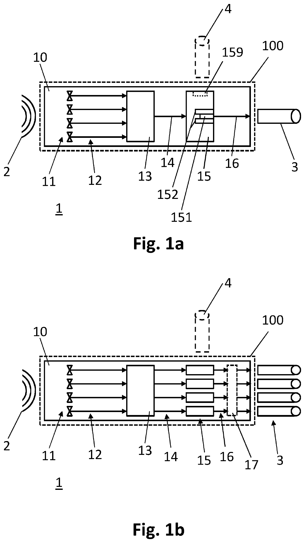 Electronic device for converting a wireless signal into at least one modulated optical signal