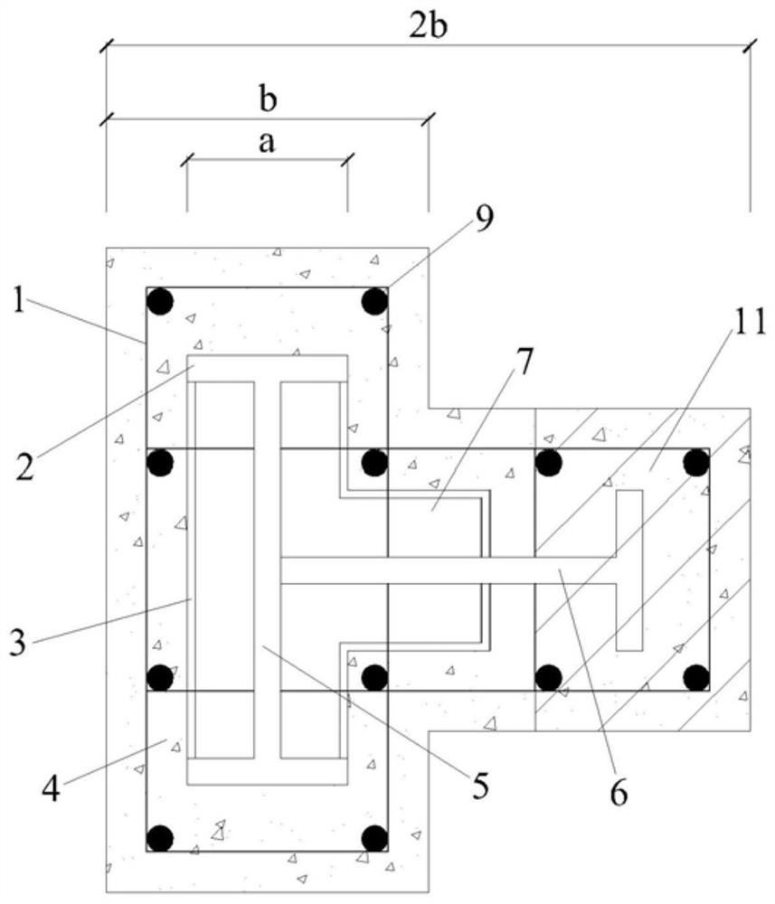 Partially prefabricated steel reinforced concrete T-shaped column with embedded column