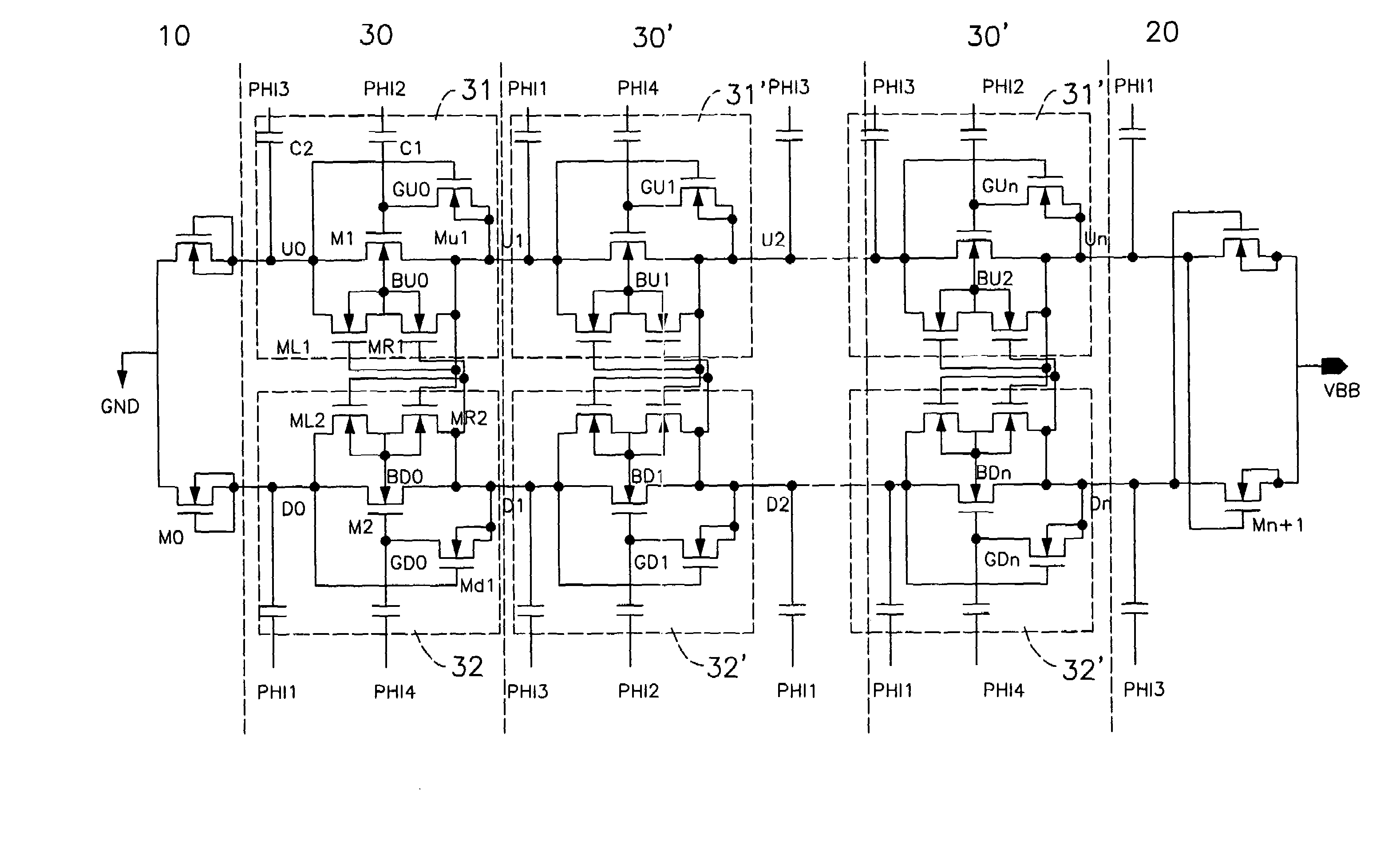 Four-phase charge pump circuit with reduced body effect