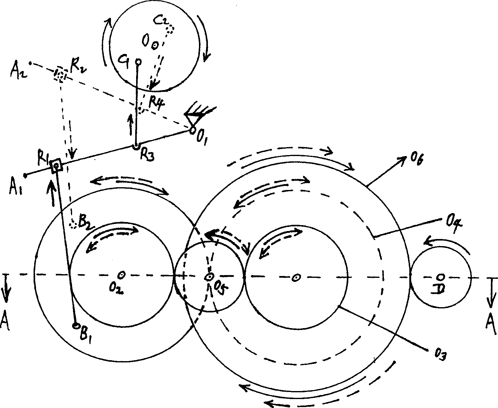 Non-shift telescoping-radius one-way transmission