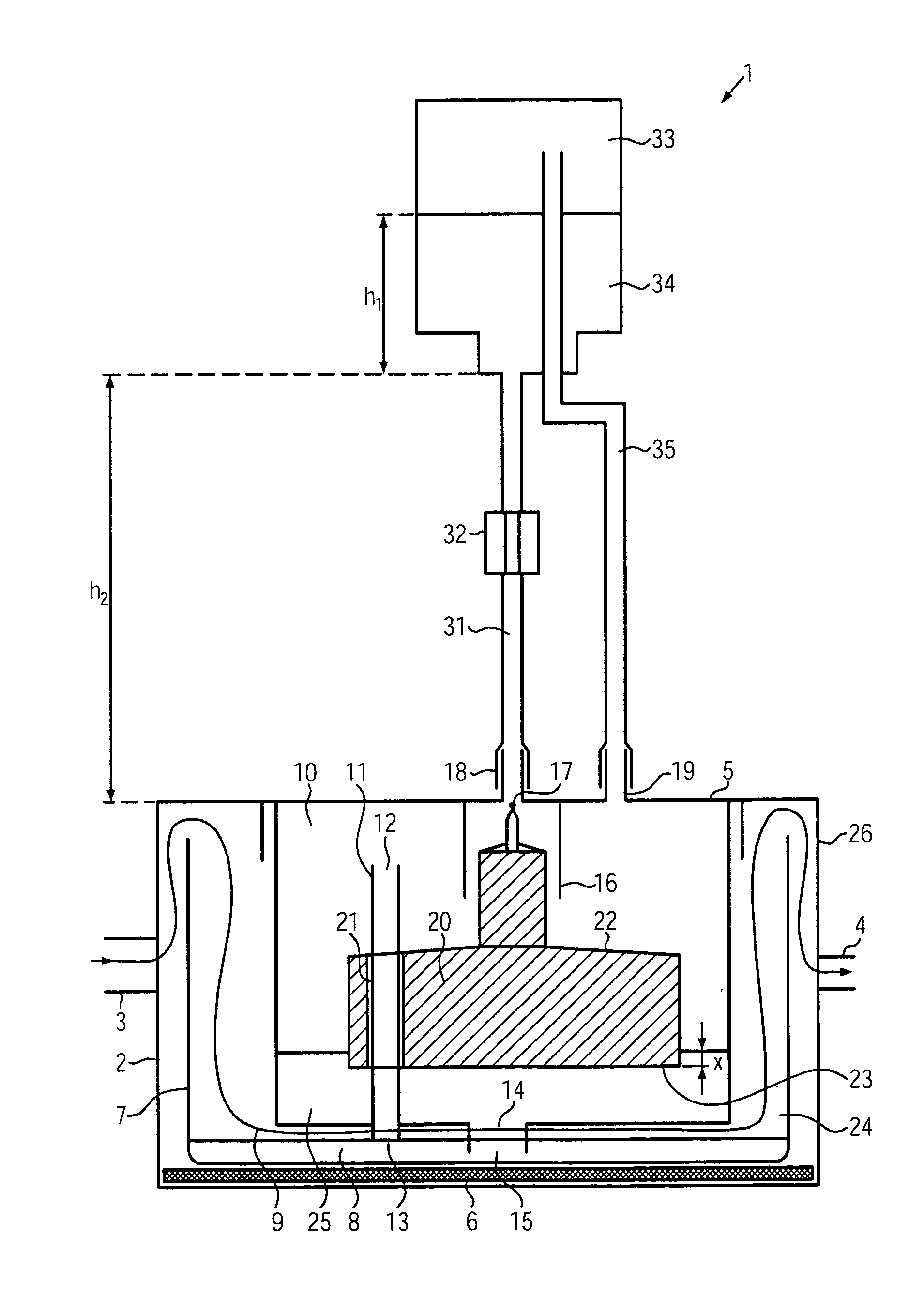 Evaporation chamber, intermediate chamber, and method