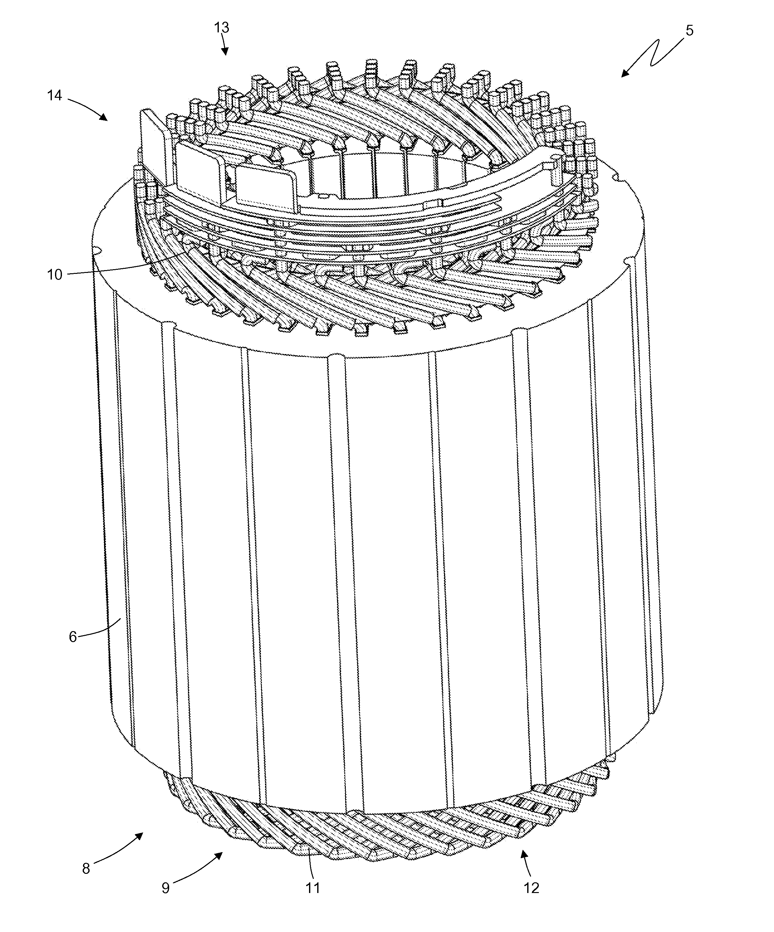 Electric machine having a stator winding with rigid bars, and related method of construction