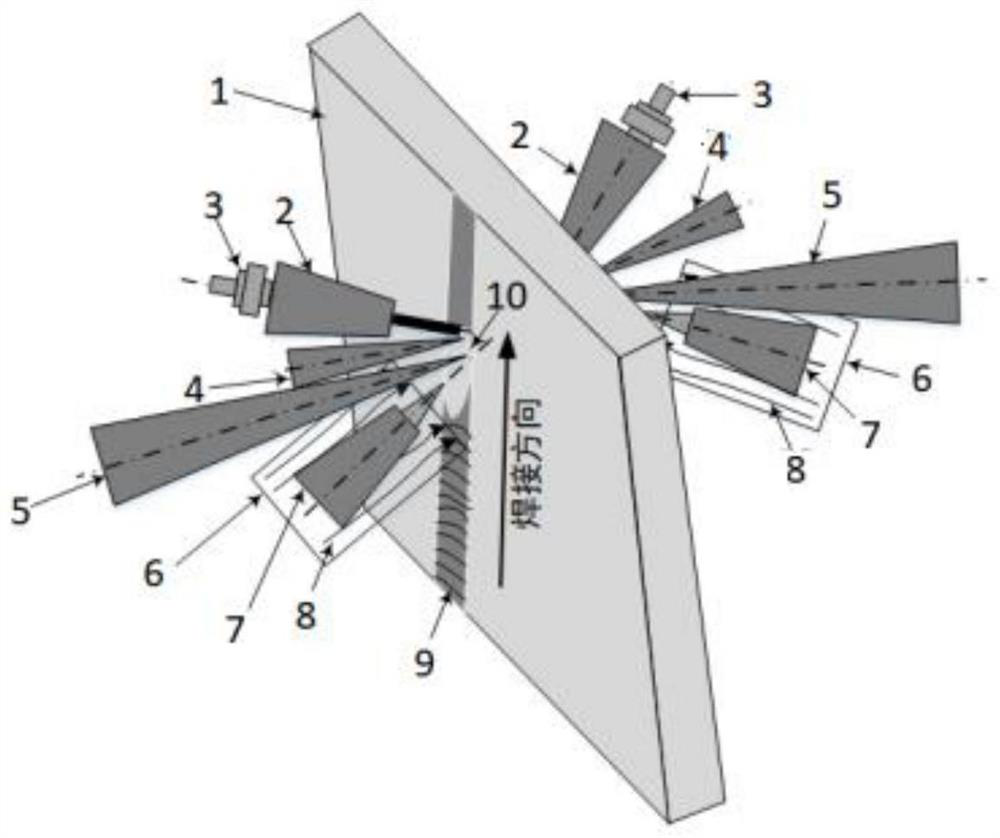 Laser arc double-sided synchronous vertical position welding method and device for medium plate