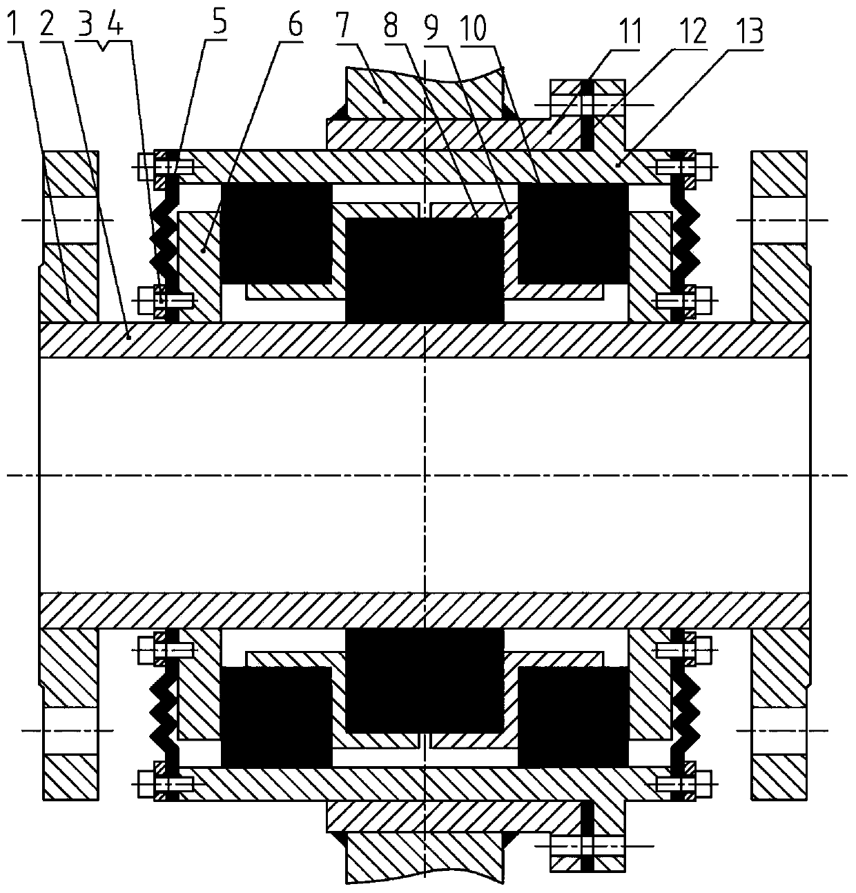 A sealed pipeline elastic penetration vibration isolation device