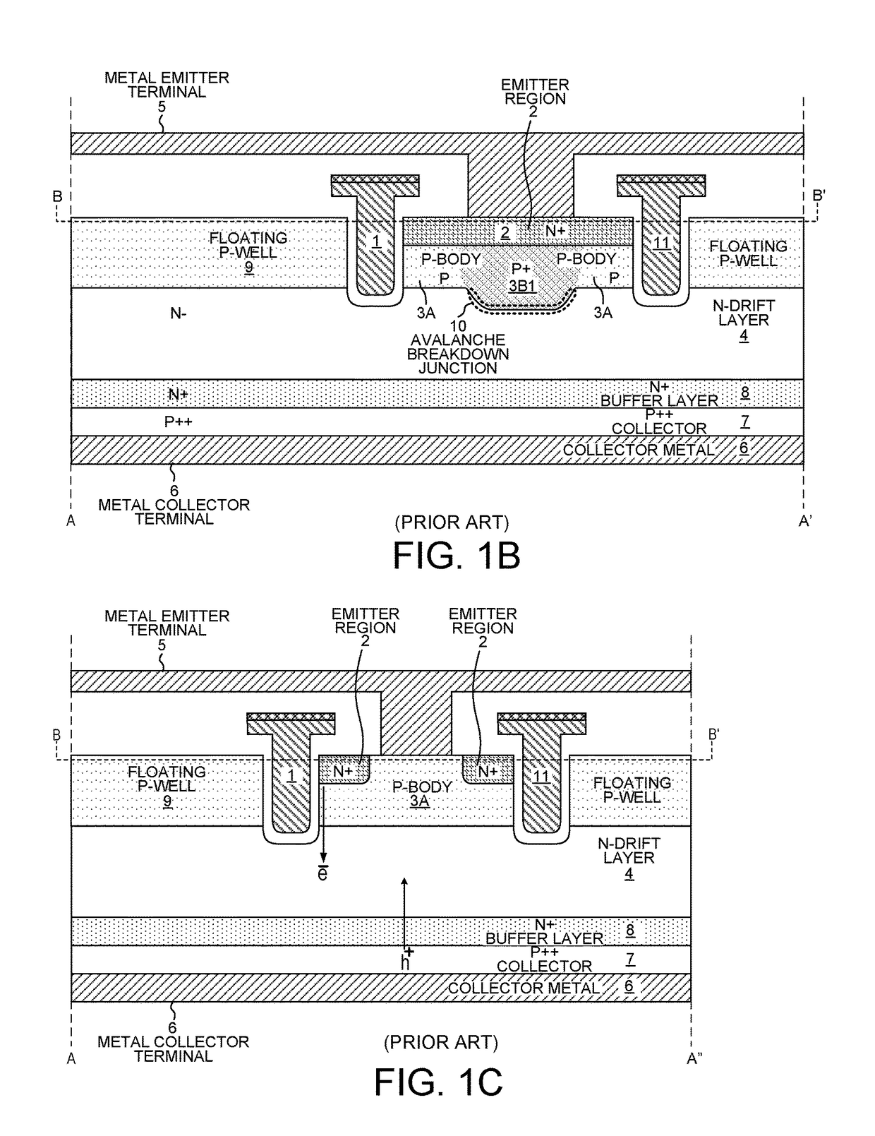 Trench IGBT with tub-shaped floating P-well and hole drains to P-body regions