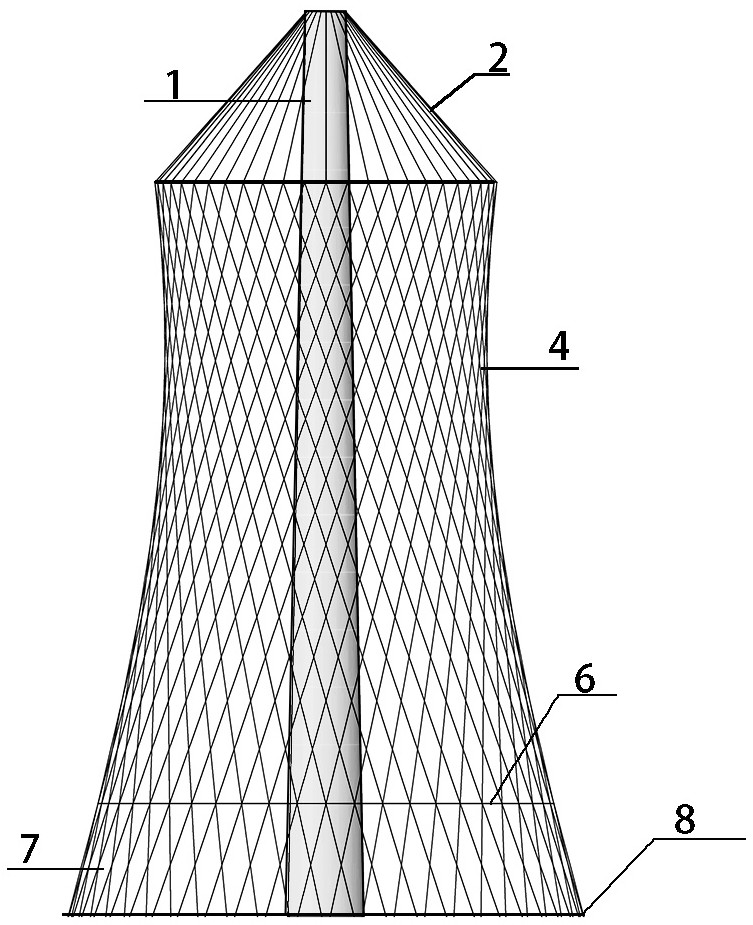 Integrated chimney and cooling tower structure system of diagonal cable net and construction method thereof