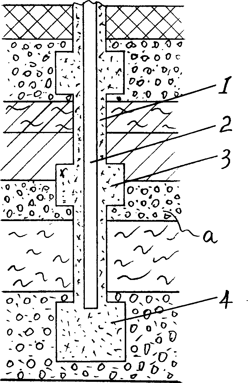 Soil-cement pile with core and diameter enlarged extension section