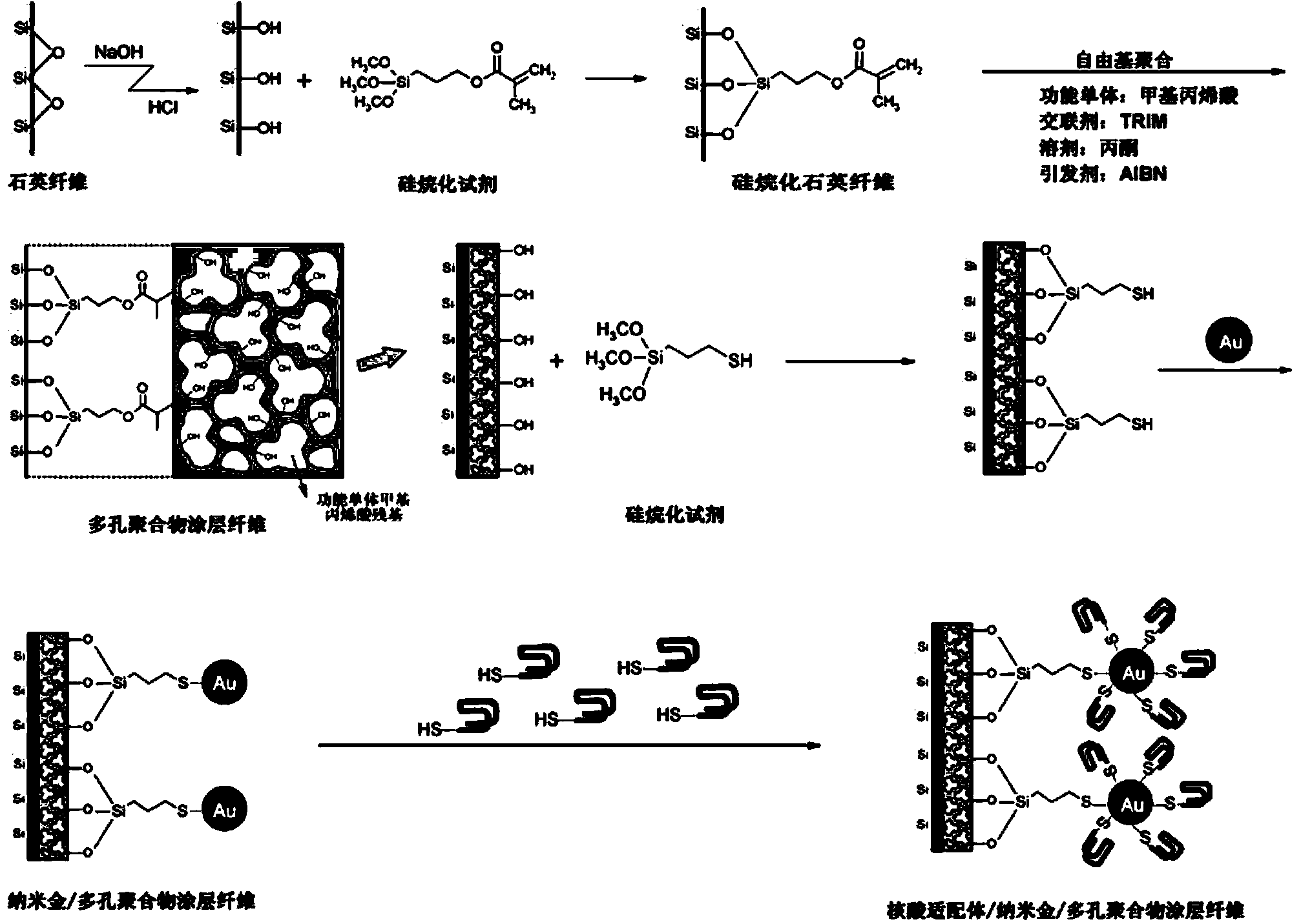 Preparation method of novel solid phase microextraction fiber based on nucleic acid aptamer/ nanogold/ porous polymer coating