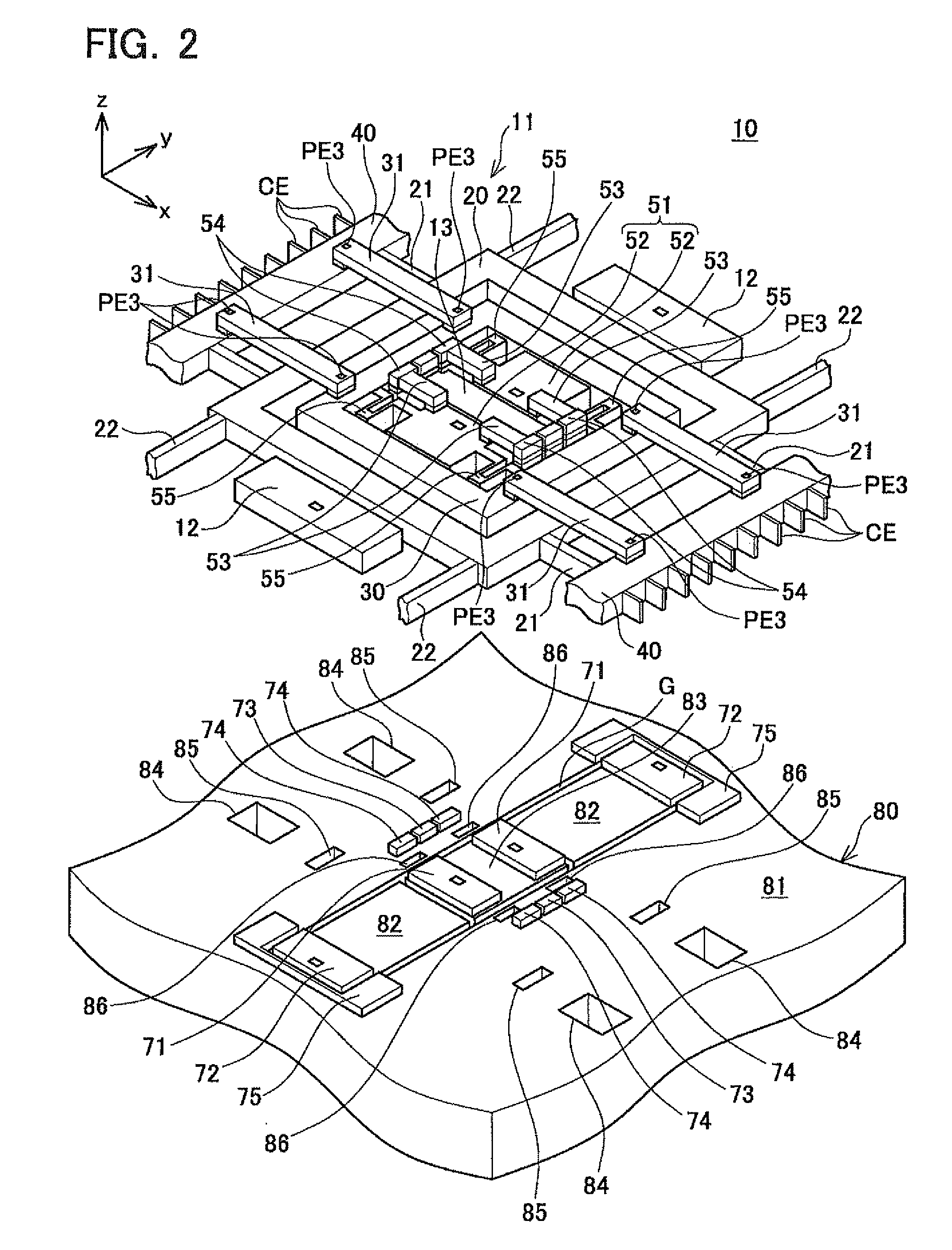 Laminated structure provided with movable portion