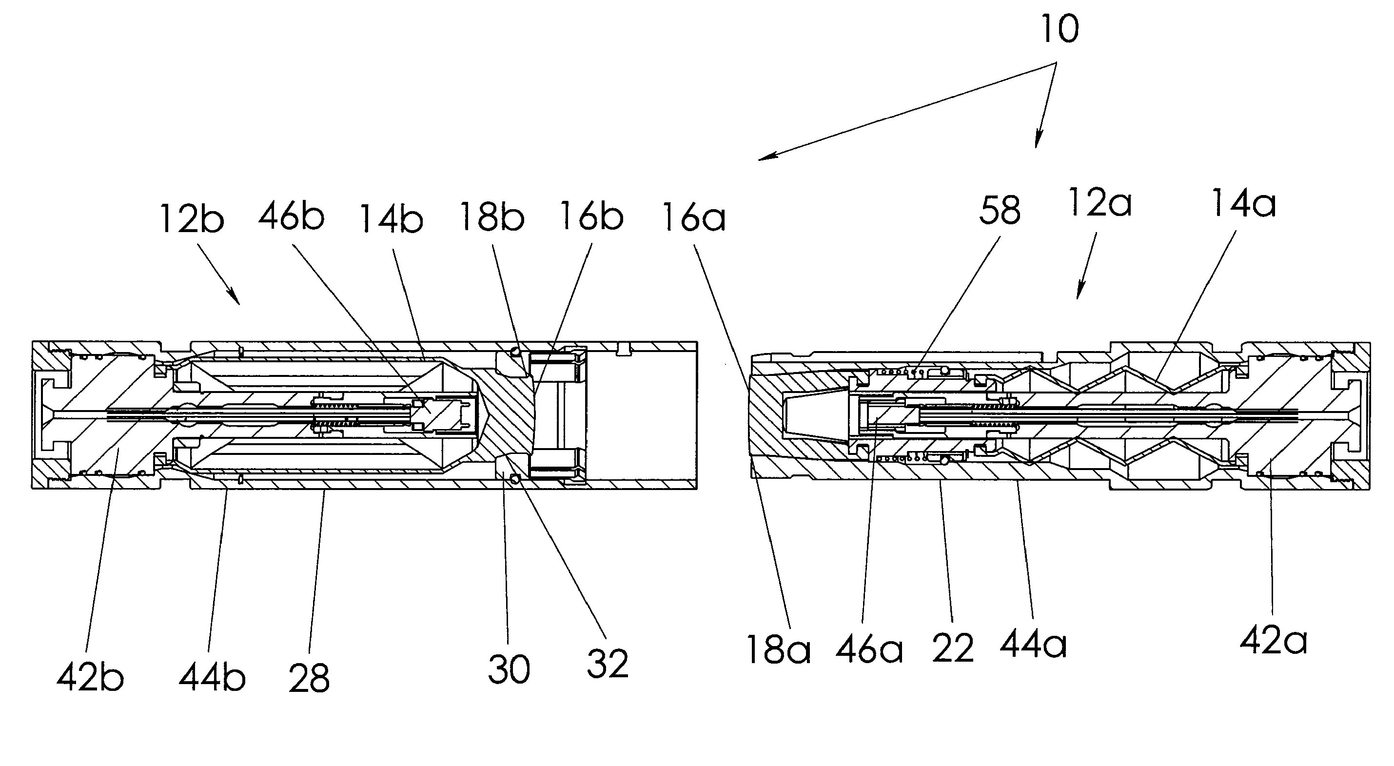 Connector including circular bladder constriction and associated methods