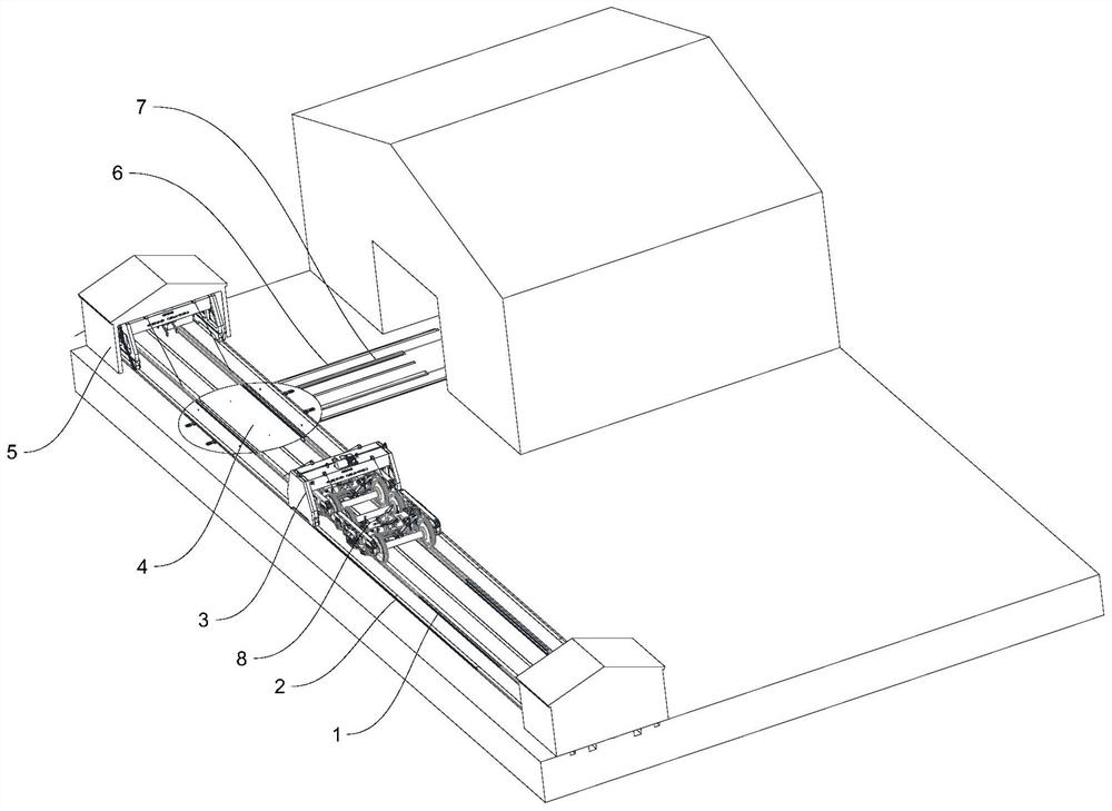A rail vehicle bogie transfer conveying device