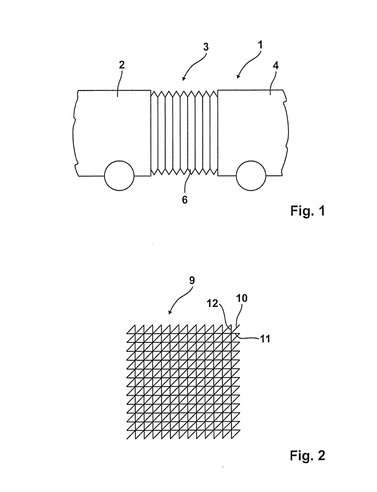 Material web of a bellows of a gangway between two articulately connected vehicles and material web of a canopy roof of an air passenger stair or bridge