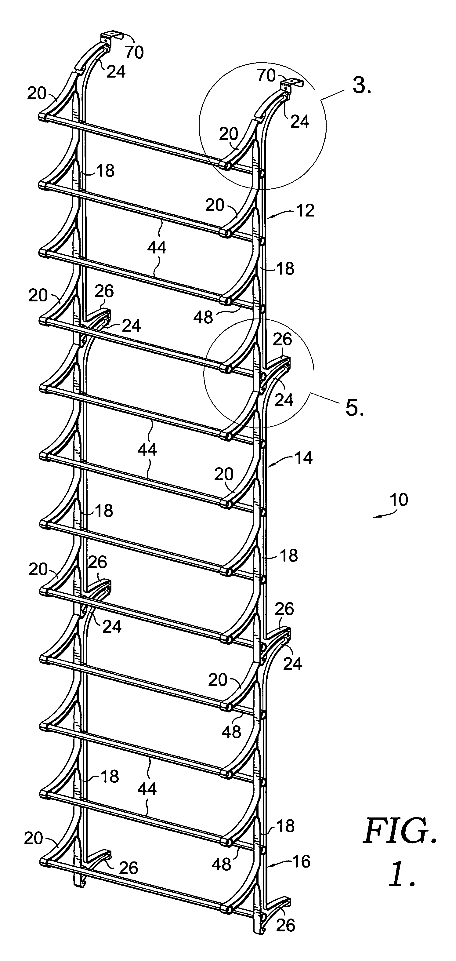 Hanging shoe rack with improved structural features