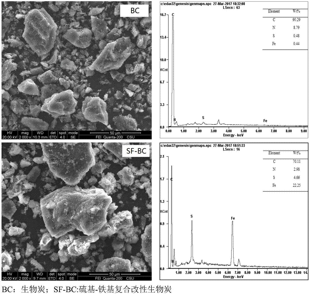 Method for preparing heavy metal cadmium stabilizer sulfenyl-ferrous composite modified charcoal and modified charcoal