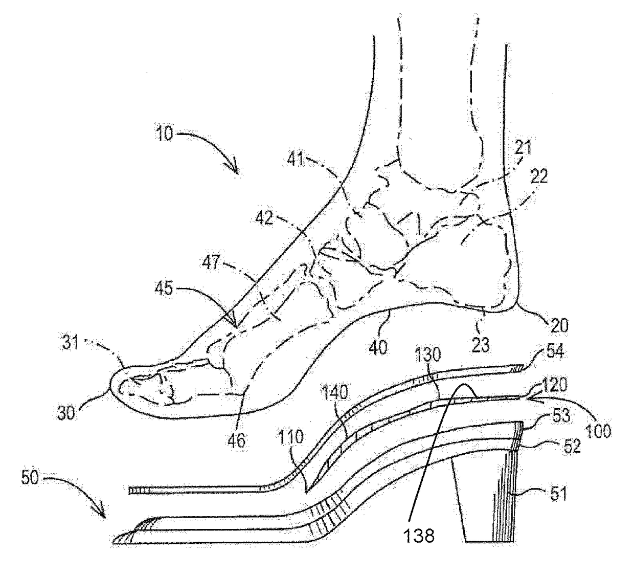 Device for high-heeled shoes and method of constructing a high-heeled shoe