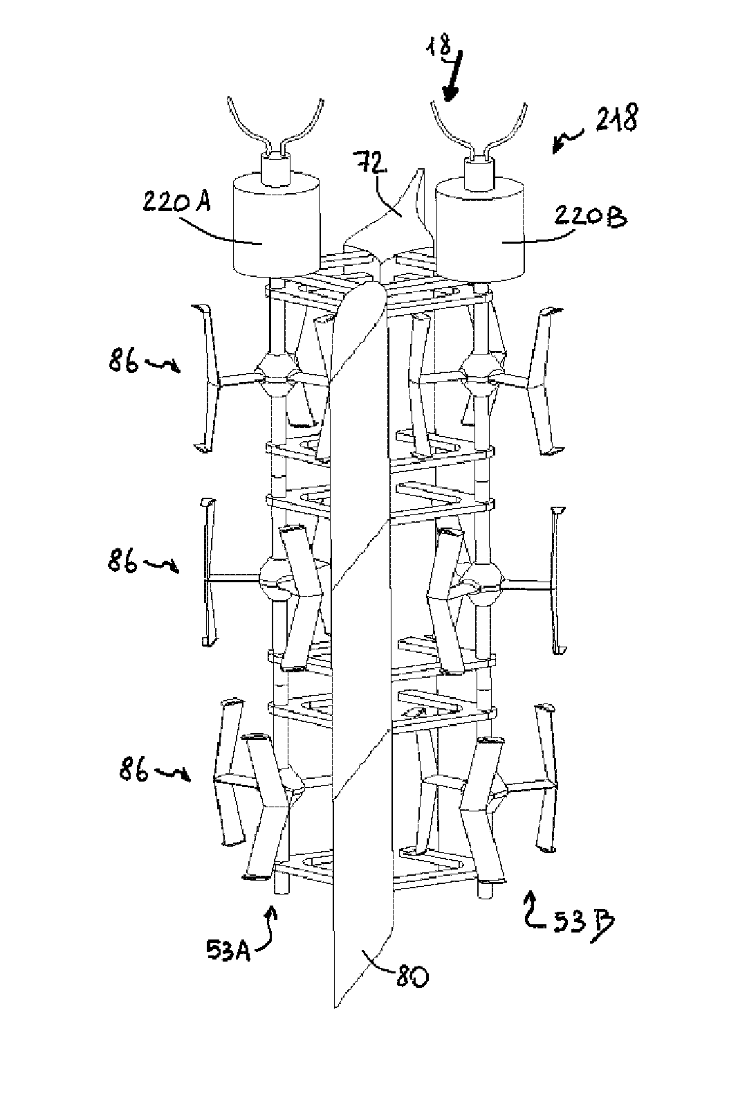 Turbine engine with transverse-flow hydraulic turbine having reduced total lift force