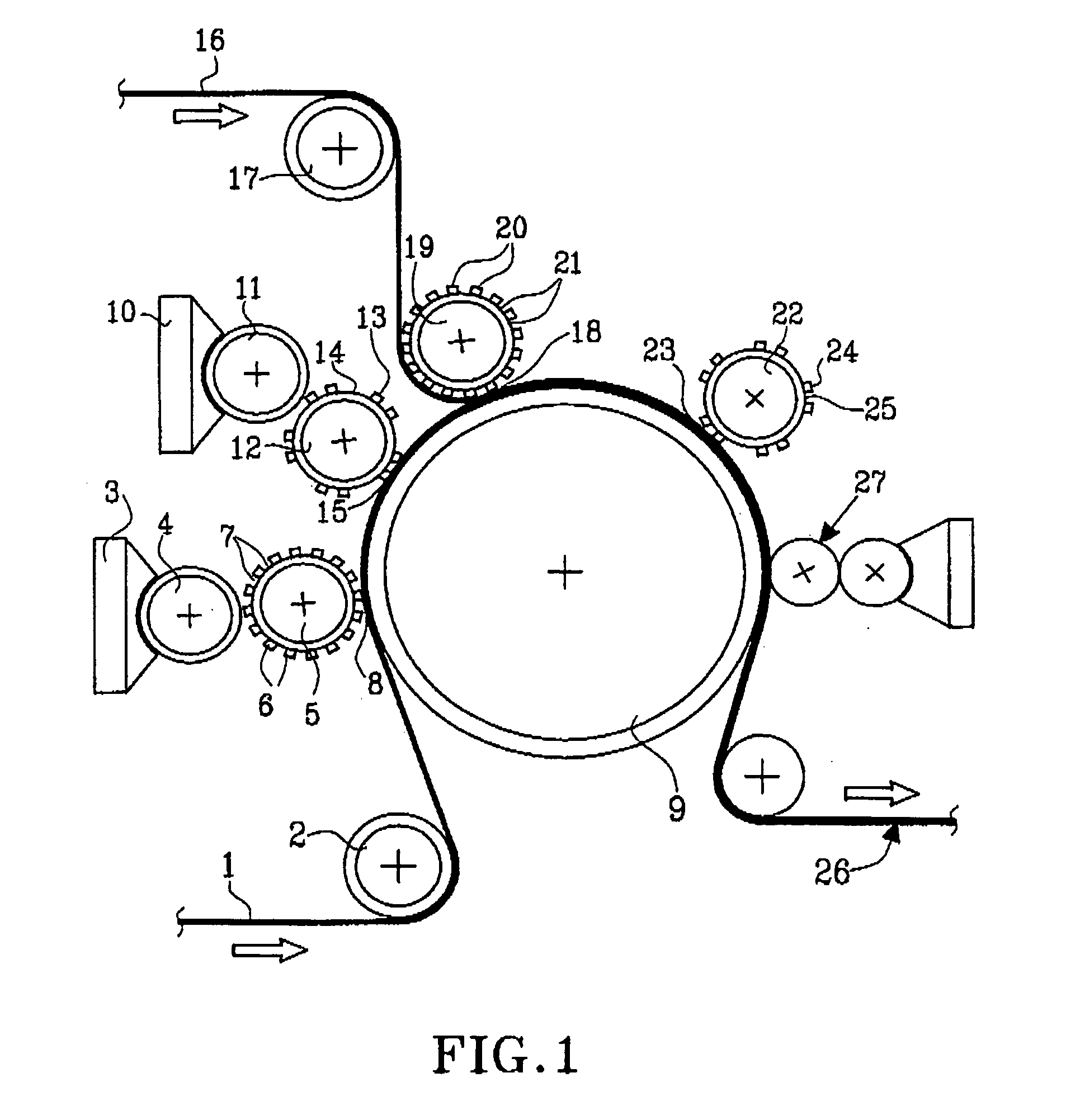 Method and device for producing a multi-ply web of flexible material, such as paper and nonwoven, and multi-ply material produced by the method