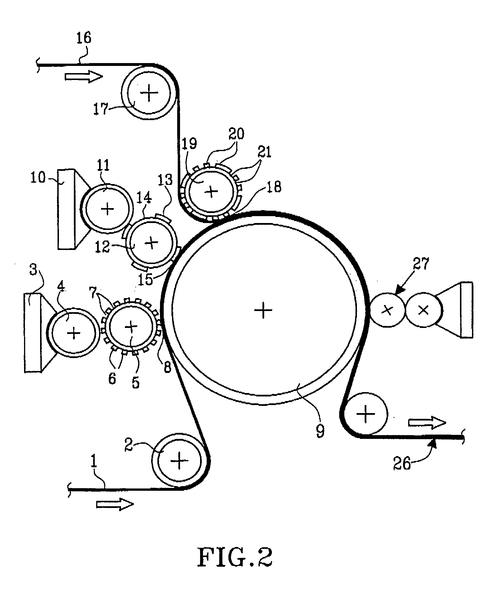 Method and device for producing a multi-ply web of flexible material, such as paper and nonwoven, and multi-ply material produced by the method