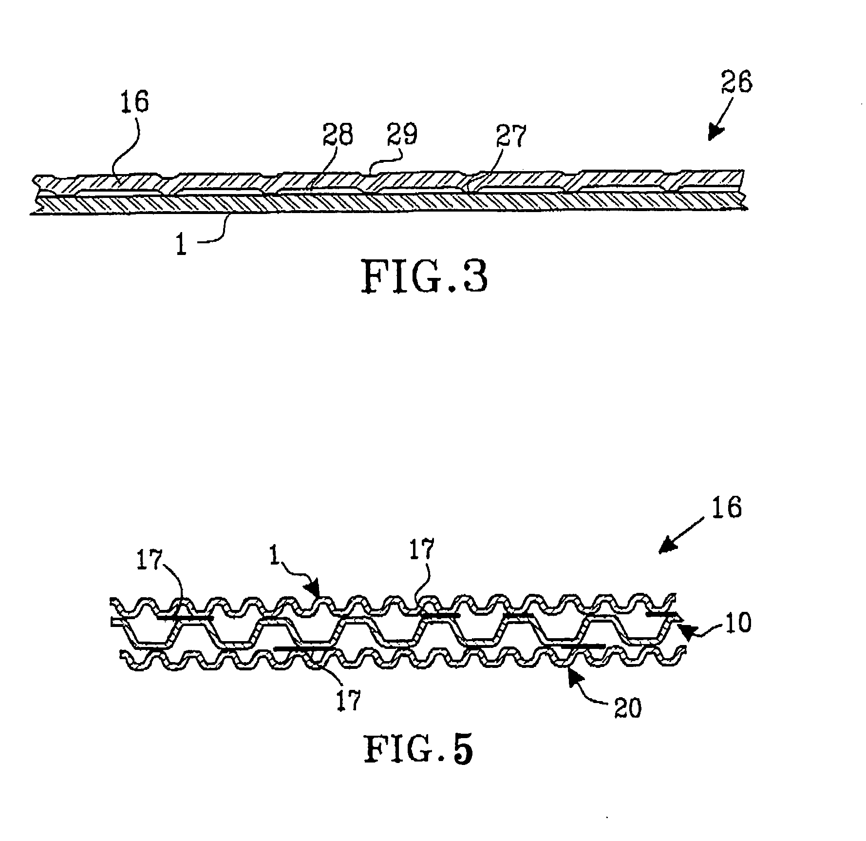 Method and device for producing a multi-ply web of flexible material, such as paper and nonwoven, and multi-ply material produced by the method