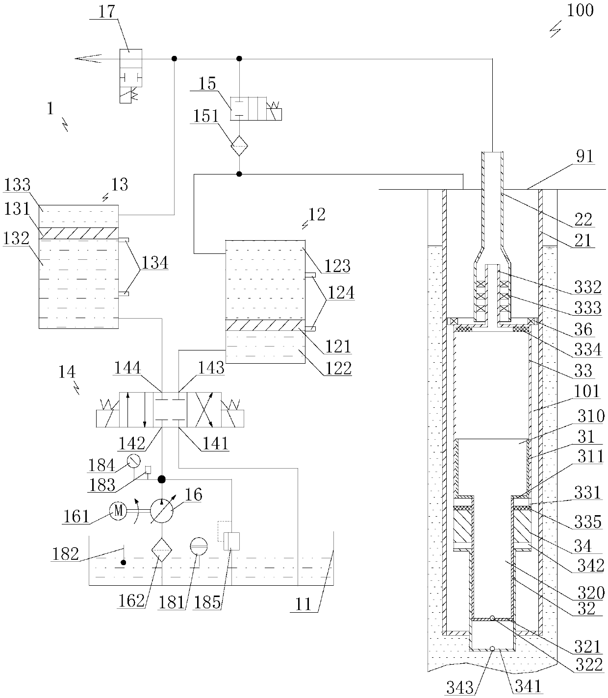 Liquid-automatically supplemented rodless liquid-driven oil production device and oil production method