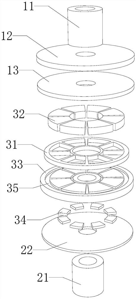 Disc type permanent magnet transmission device with slotted back iron