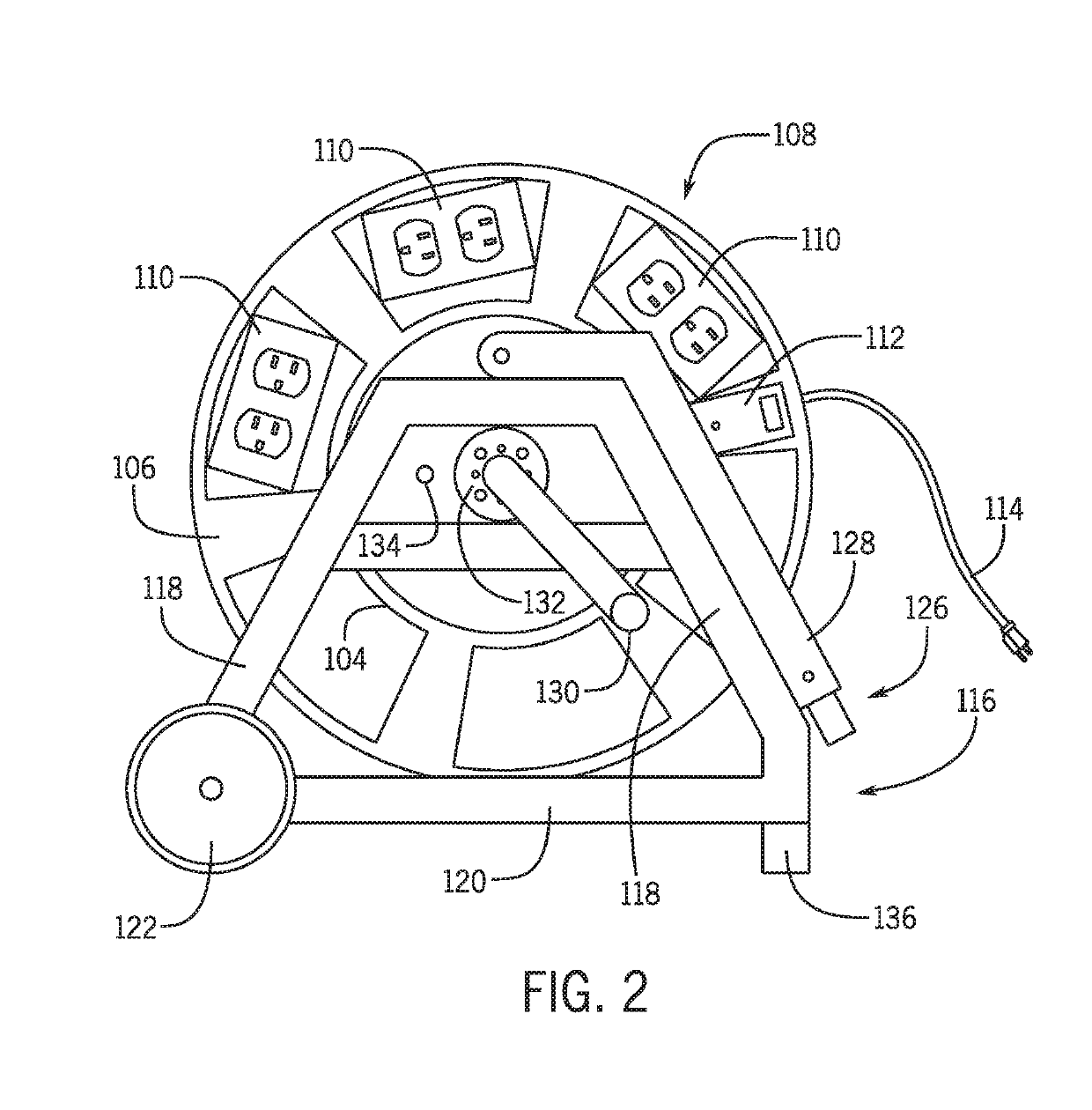 Cart for storing, transporting, and organizing a long electrical cord and a plurality of electrical outlets