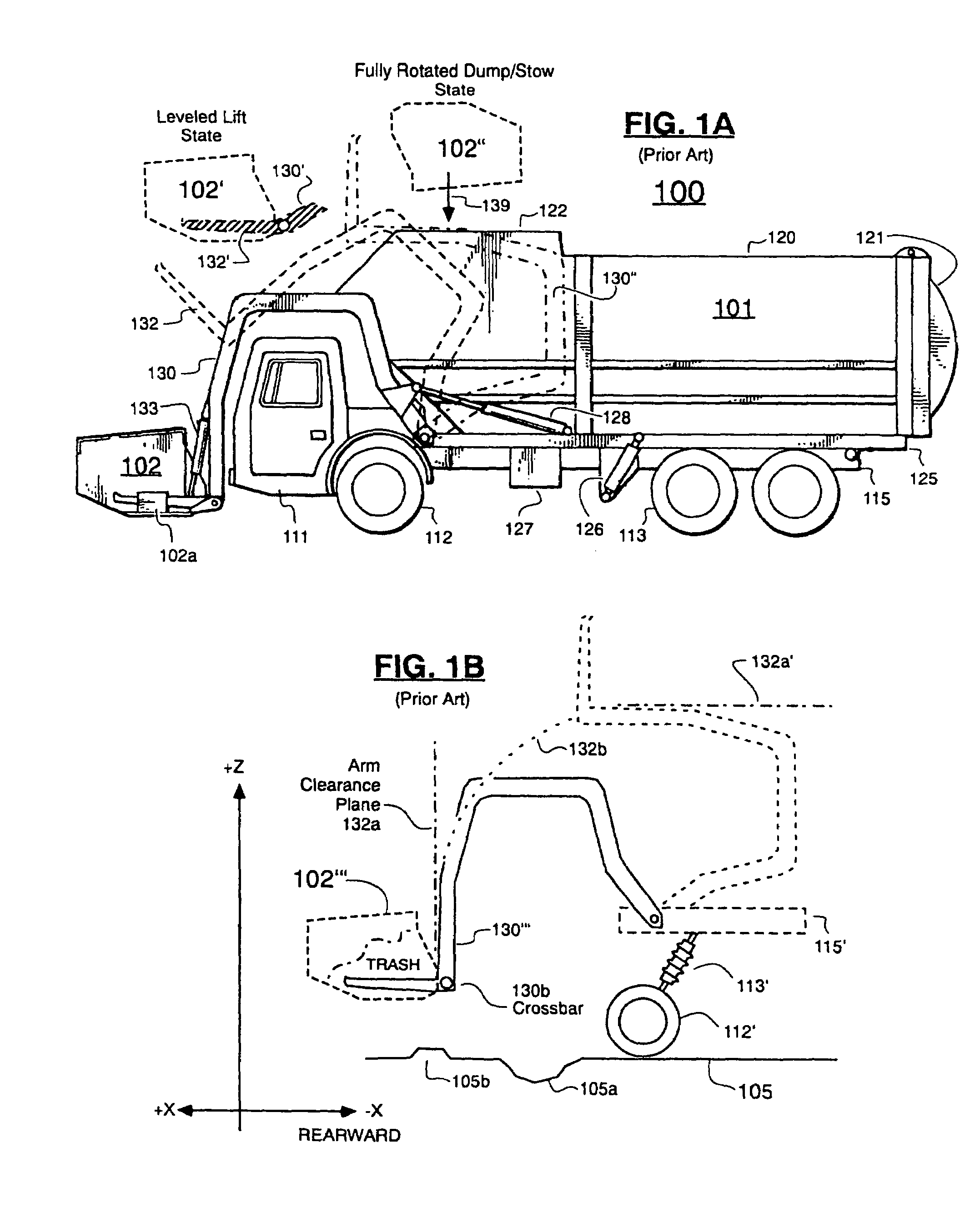 Front-loadable refuse container having side-loading robotic arm with motors and other mass mounted at rear of container and use of same with front-loading waste-hauling vehicle having hydraulic front forks or other retractably engageable lift means