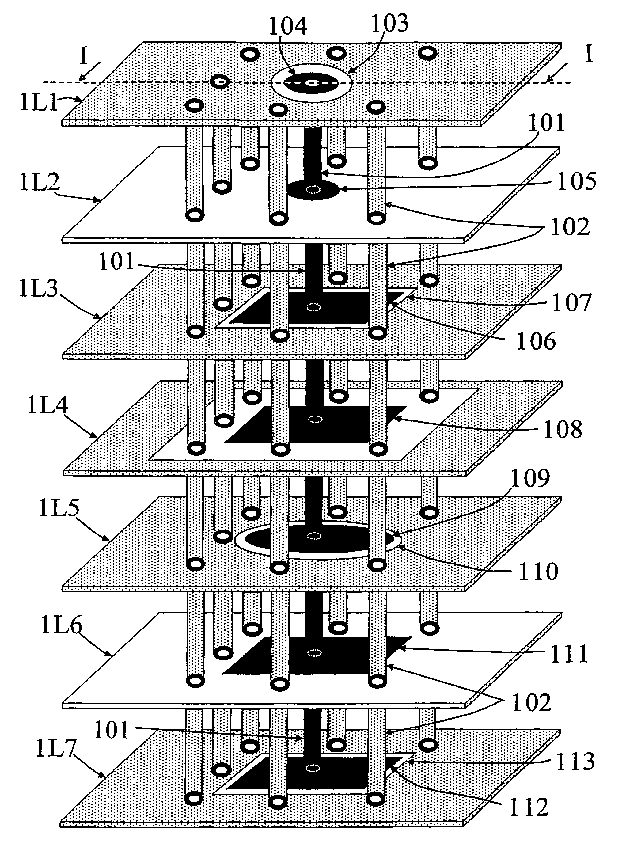 Composite via structures and filters in multilayer printed circuit boards