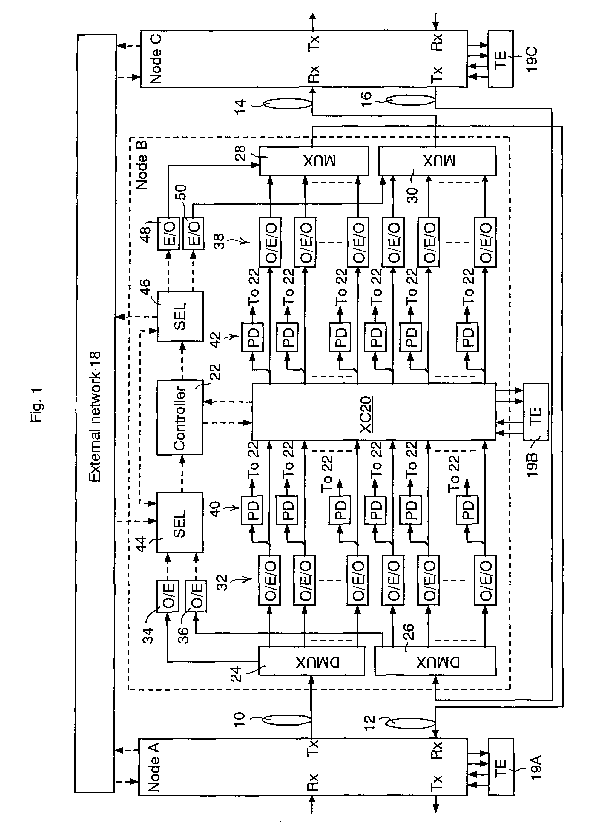 Data transmission system, transmission method of optical network monitor control signal, and node