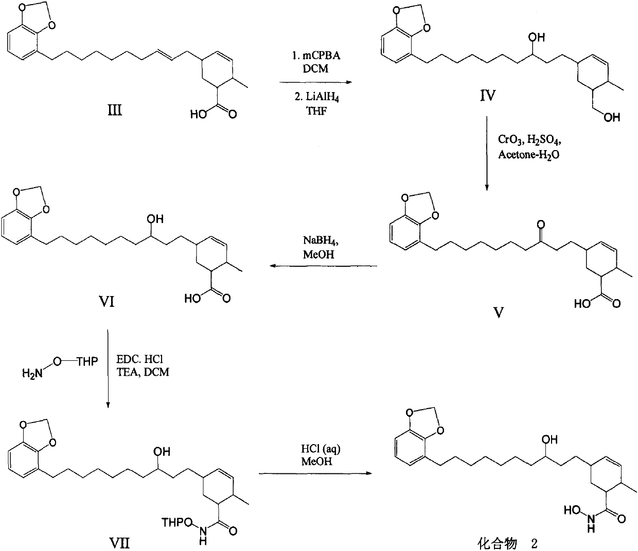 Synthetic method of methylene ether urushiol hydroxamic acid derivatives with (histone deacetylase) HDAC inhibitory activity