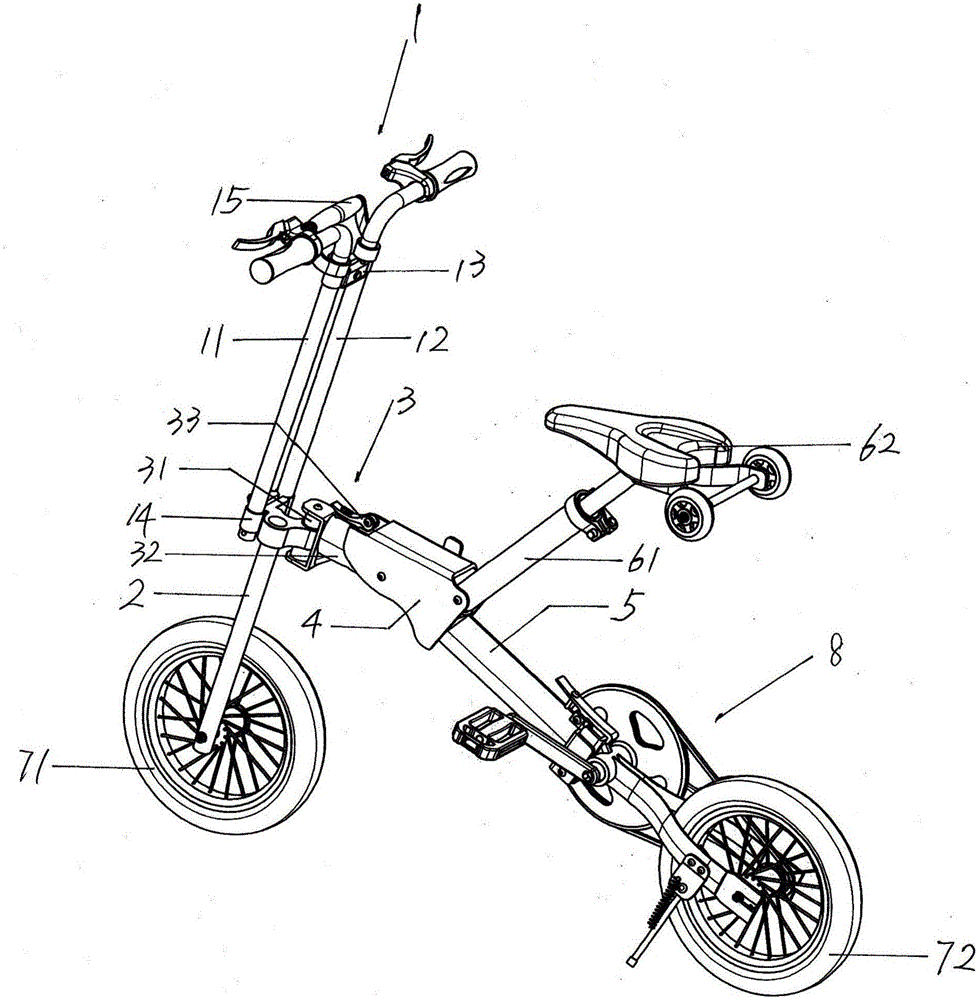 Three-folding portable bicycle provided with telescopic rotating handle
