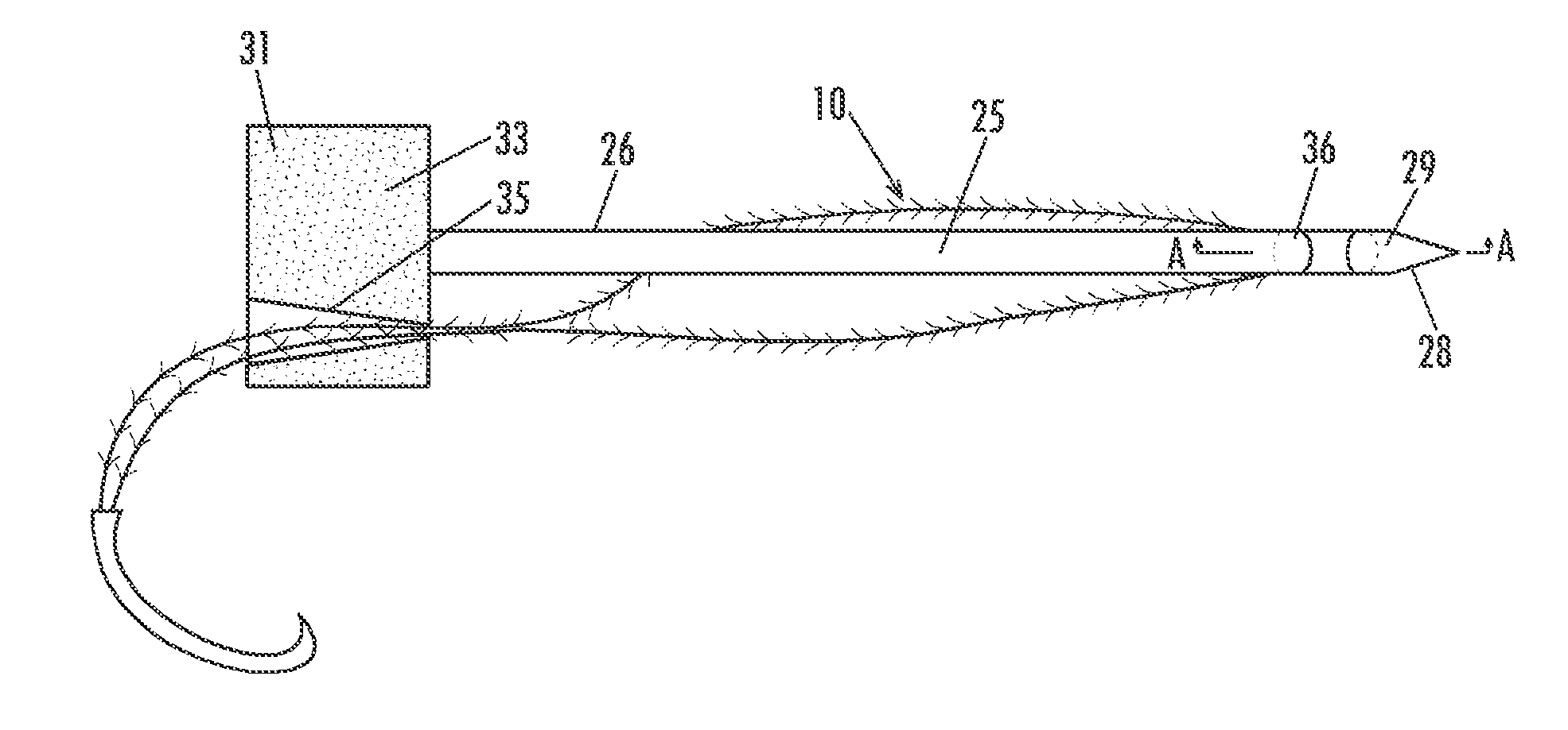 Length of self-retaining suture and method and device for using the same