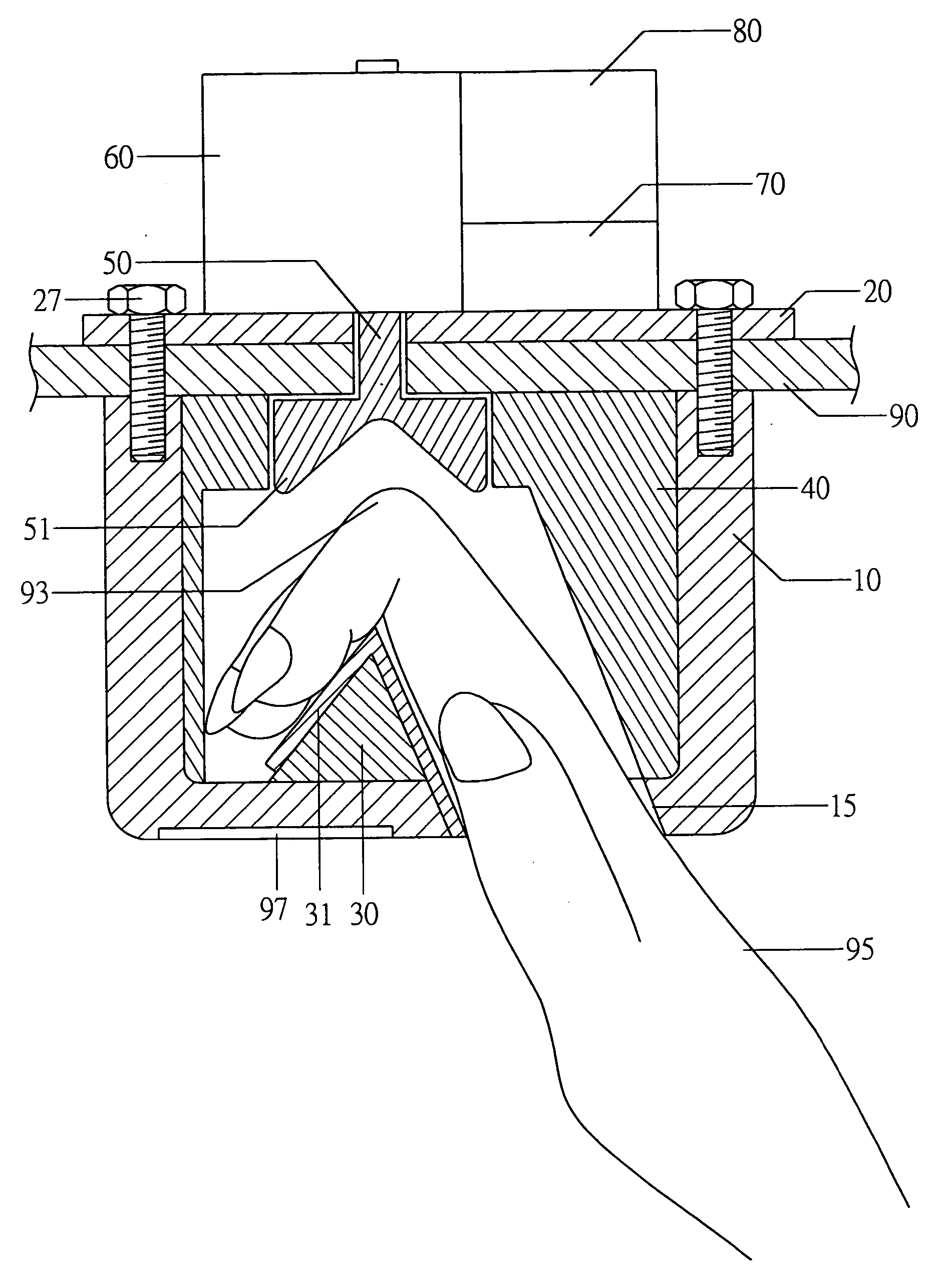 Buckling up phalanges joints type button input device and method