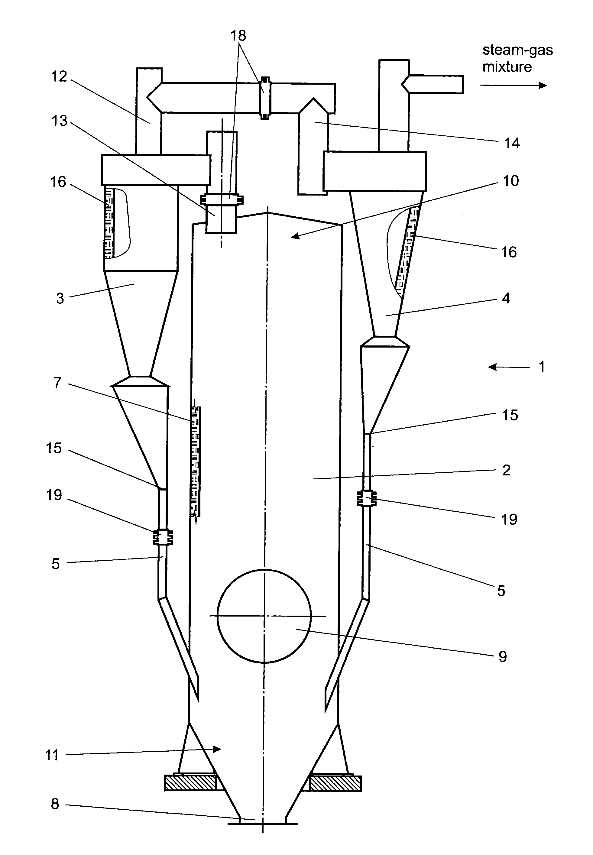 Separator of solid particles from steam-gas mixture