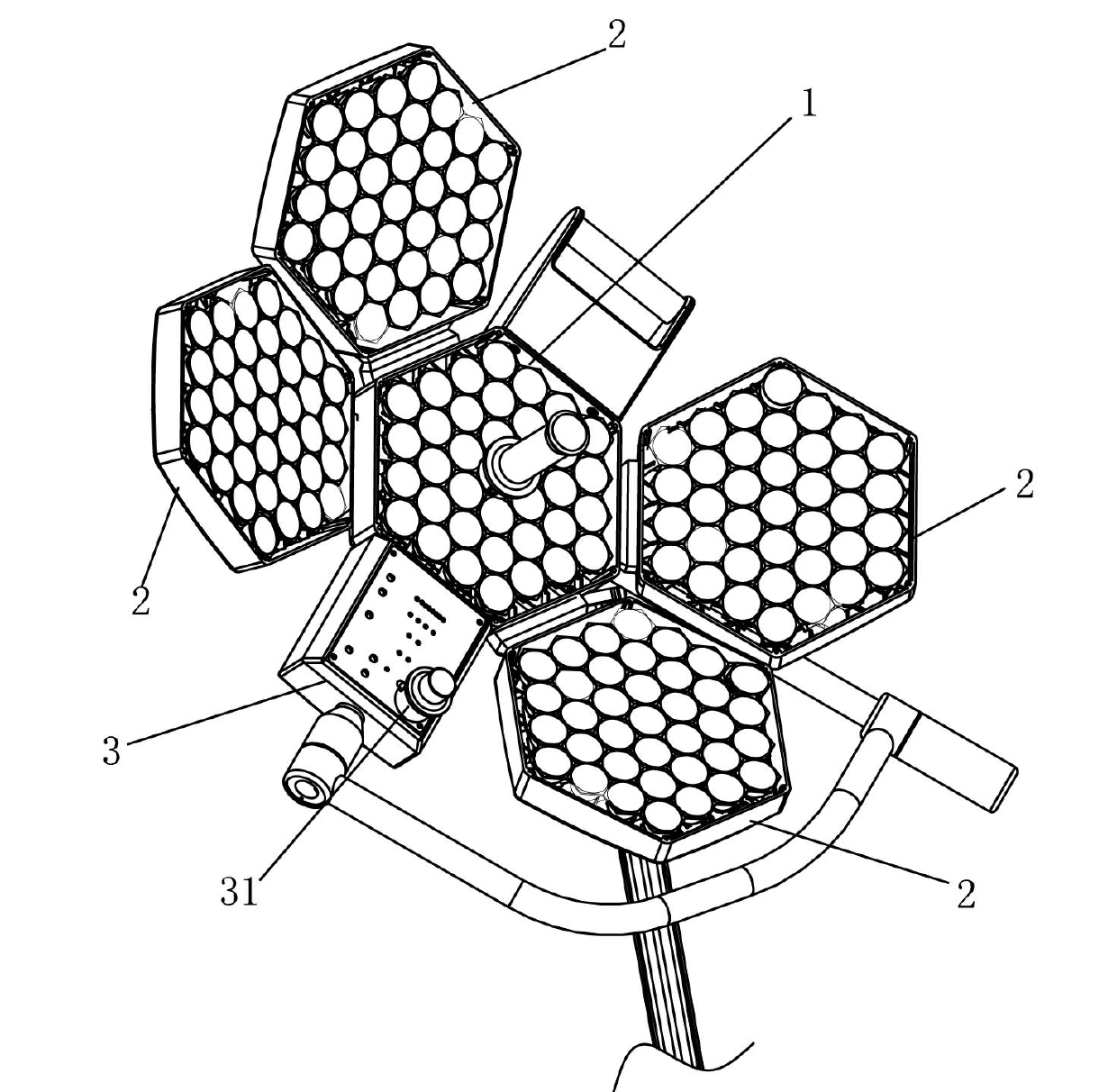 LED (Light Emitting Diode) surgery shadowless lamp with multiple lens light source arrays and method for revising shadowless rate