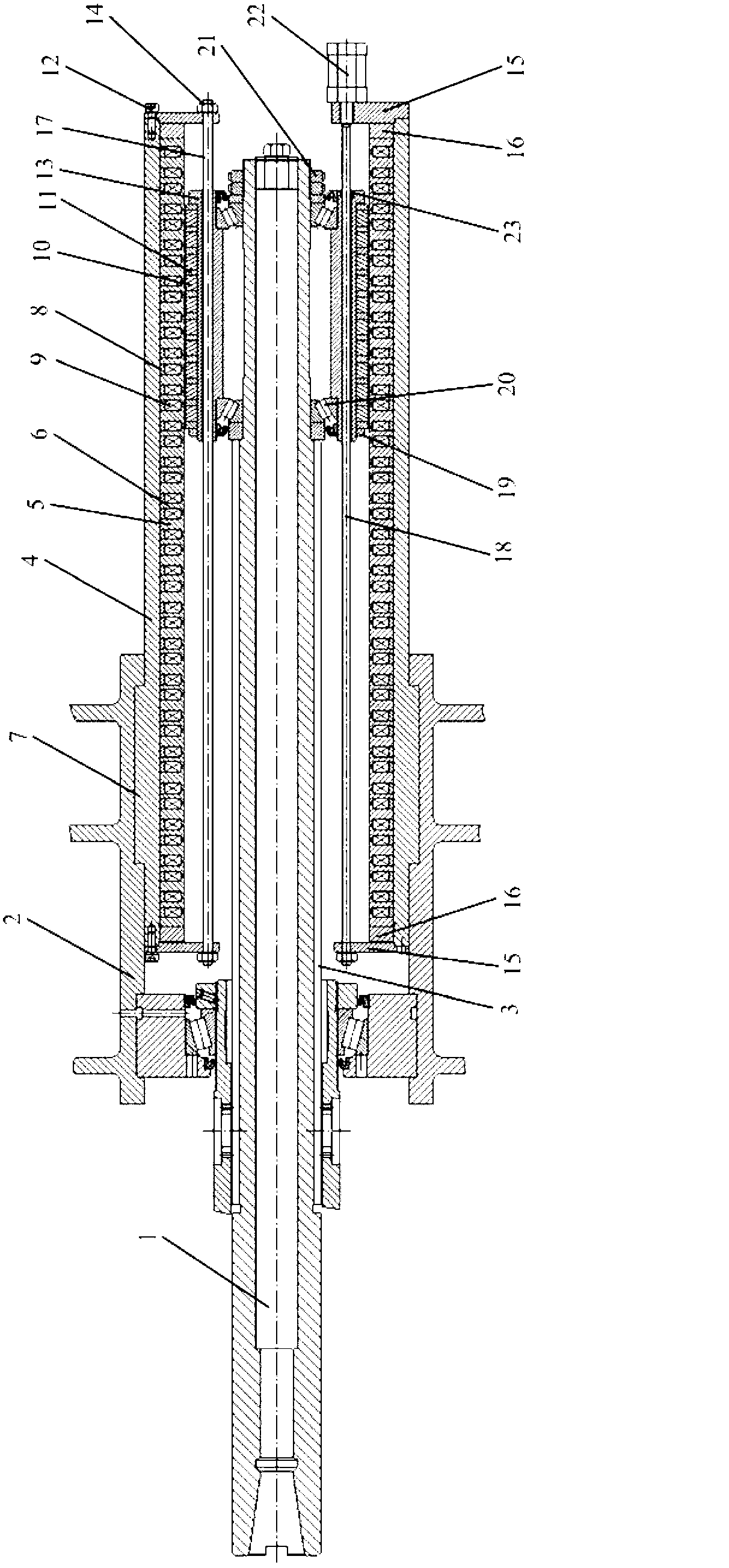 Cylindrical linear motor with ring gears of different widths for axial feed
