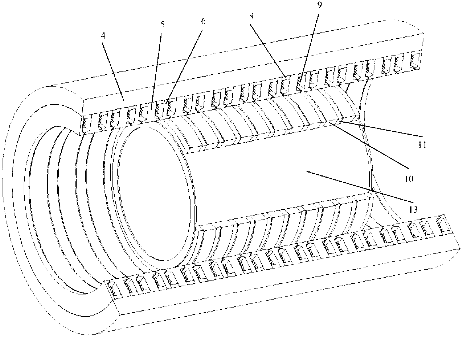 Cylindrical linear motor with ring gears of different widths for axial feed