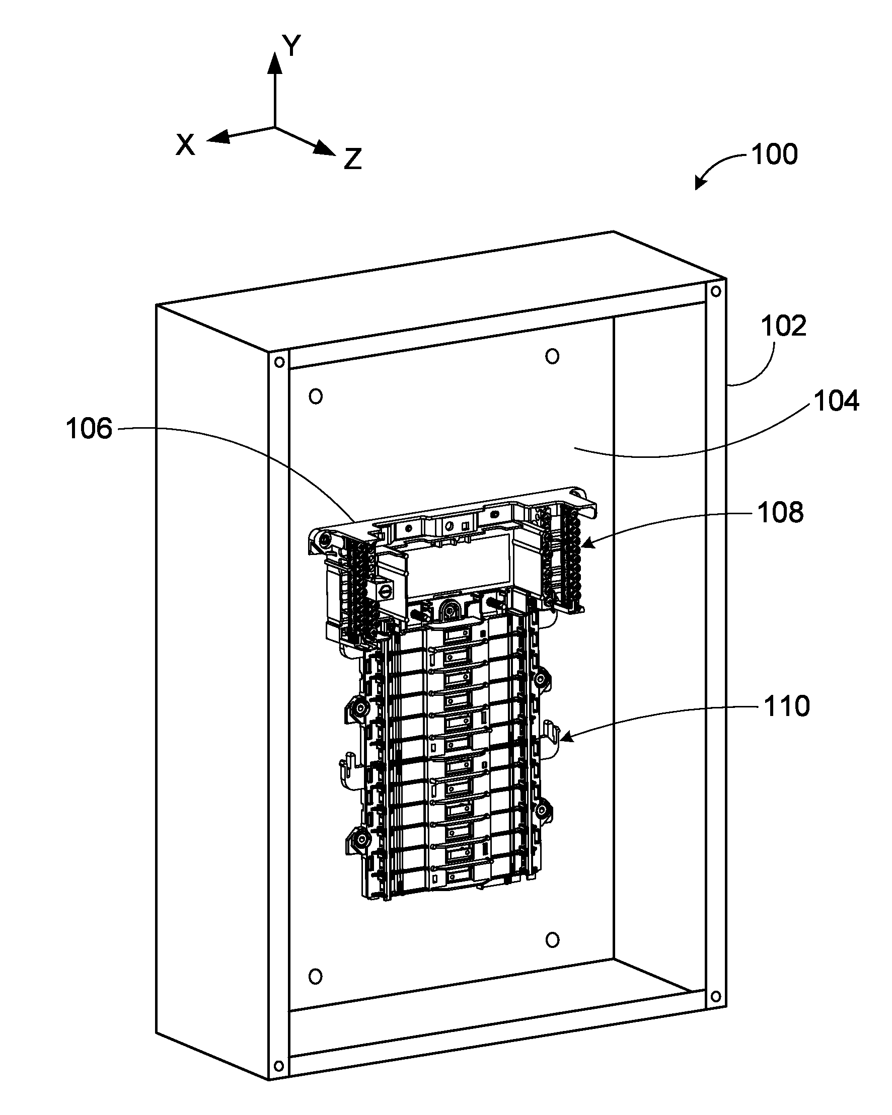 Plug-on neutral load center having a rotating neutral rail retained by a two-piece dielectric barrier