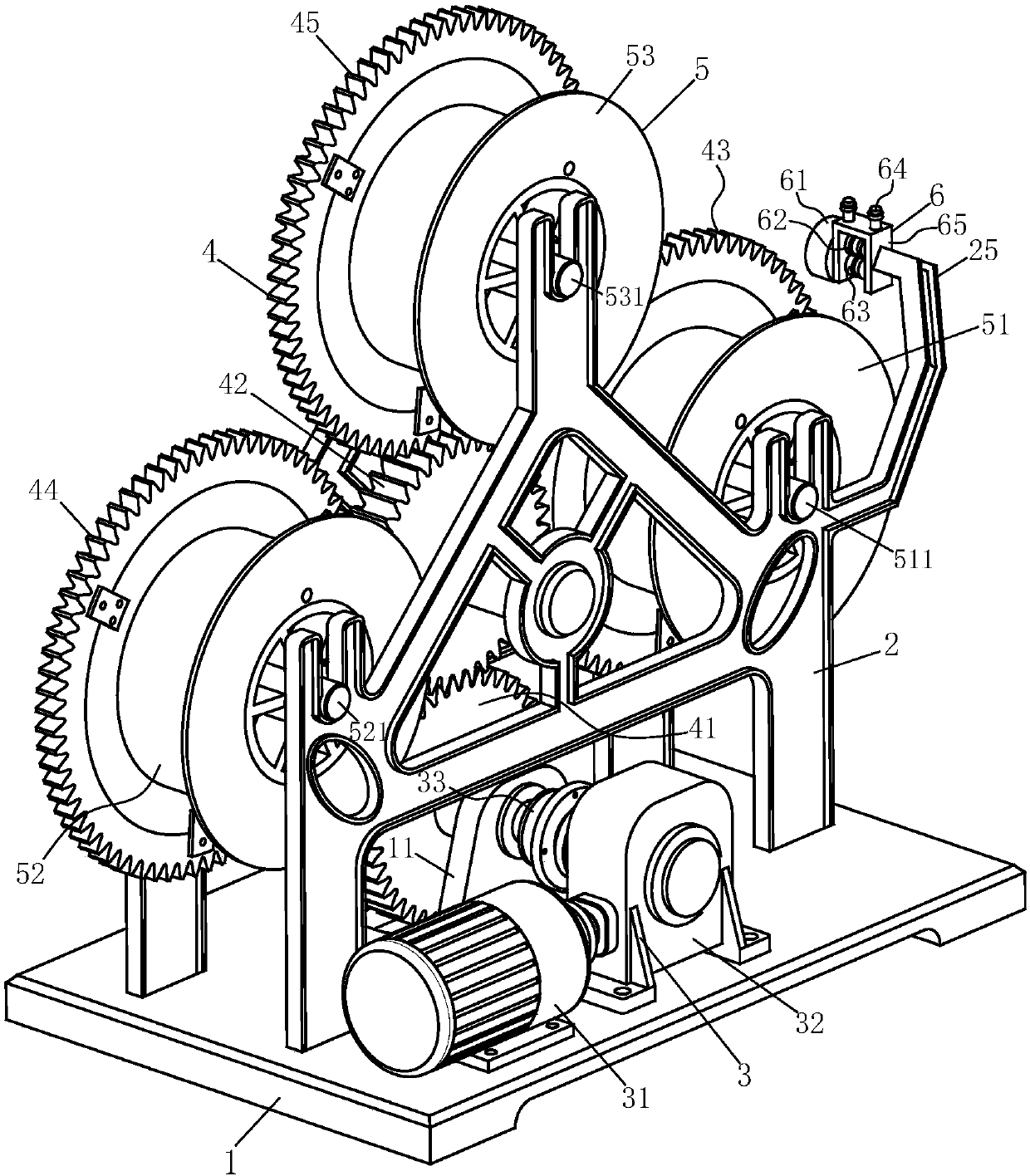 An electric three-way synchronous take-up and release device