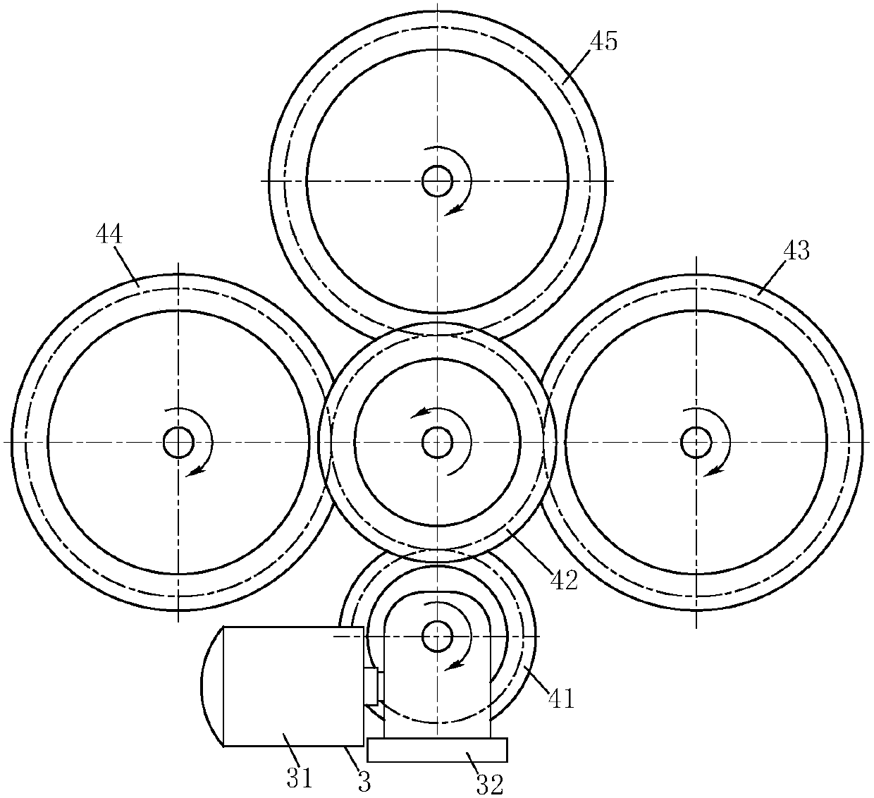 An electric three-way synchronous take-up and release device