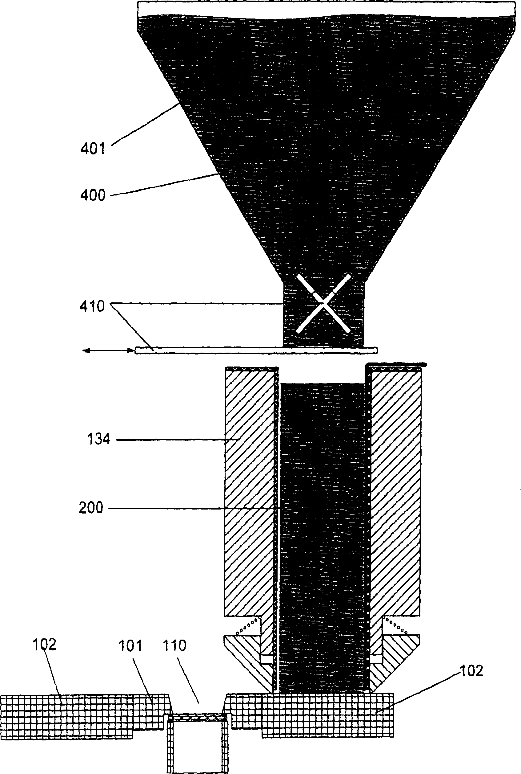 A feeding chamber, an apparatus and a method for production of doses of dry powder, a method for controlling particle segregation in dry powder during filling
