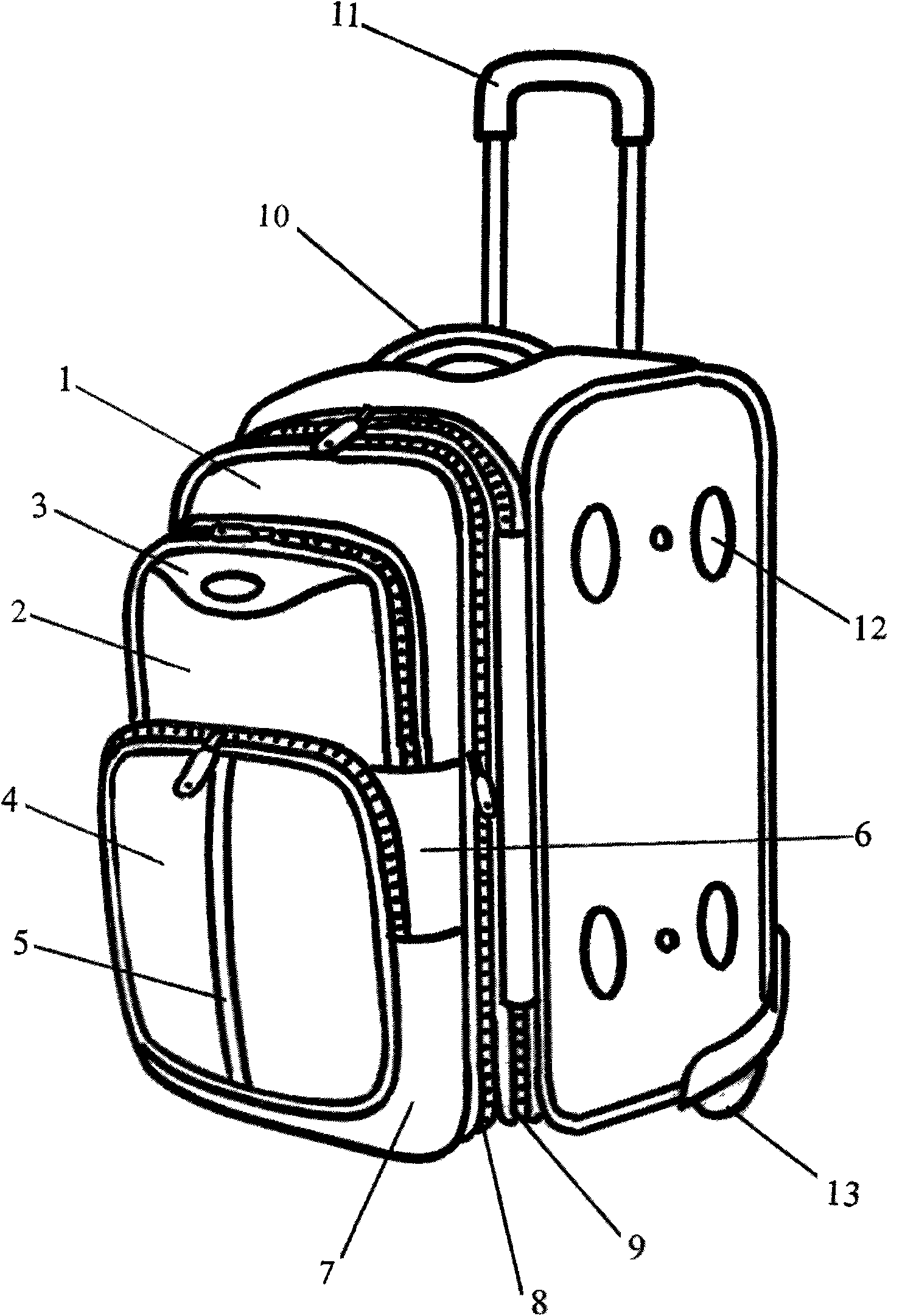 Draw-bar box with arc leather in front of box and superposed upper and lower bags