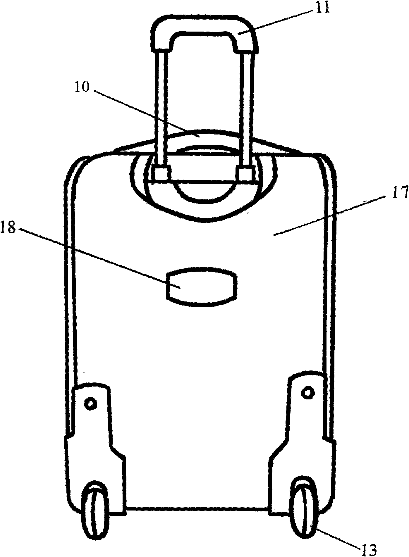 Draw-bar box with arc leather in front of box and superposed upper and lower bags