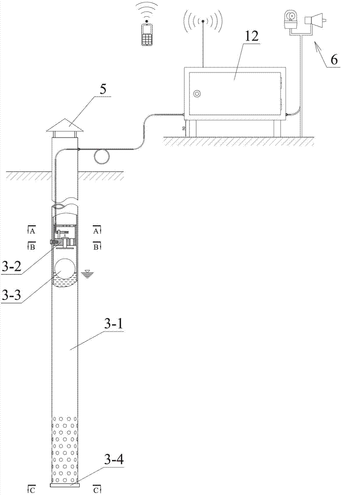 Float switch type free flow discharge forecast device for upper reservoir dam of pumped storage power plant