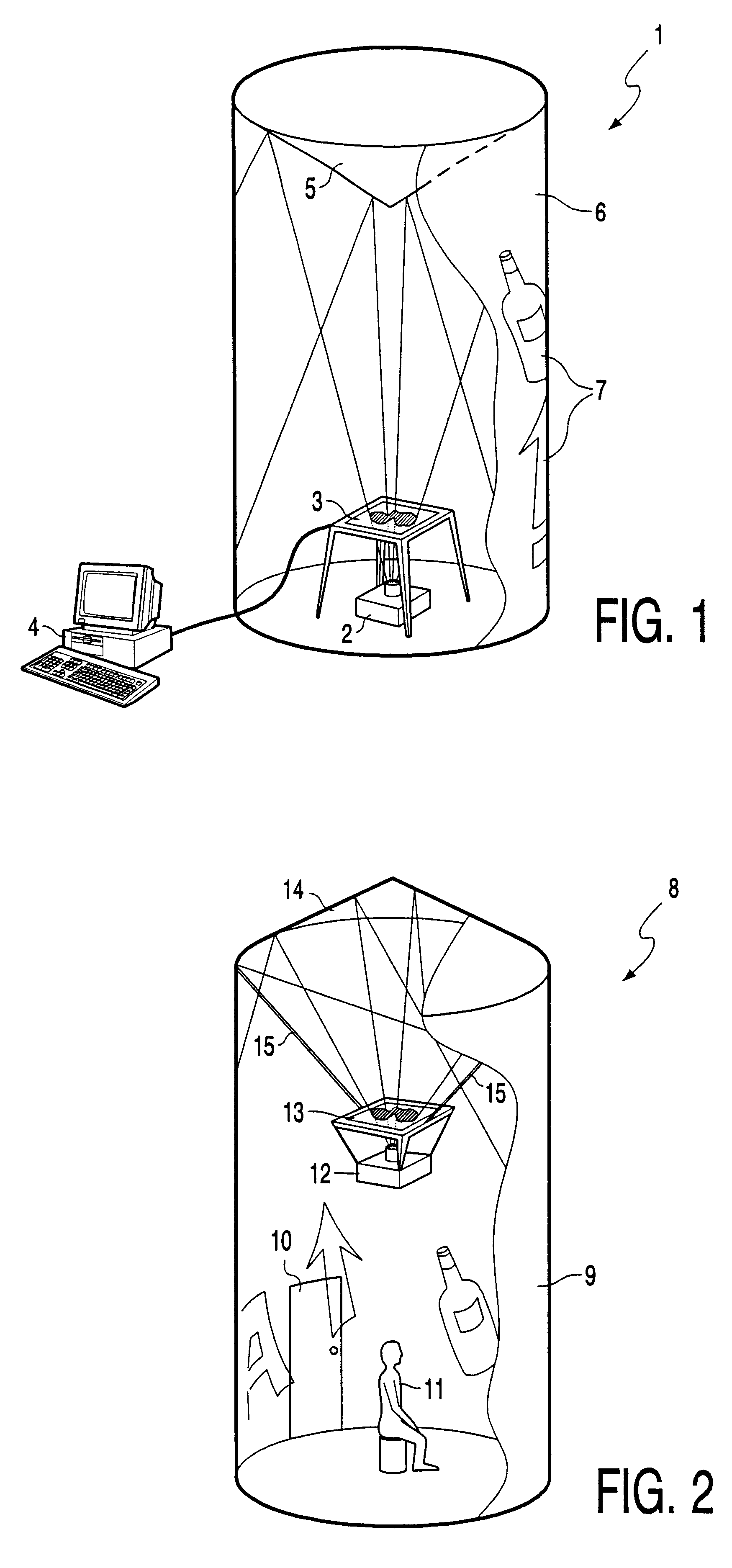 Display device having a cylindrical projection surface such that an image projected onto the inside is visible on the outside
