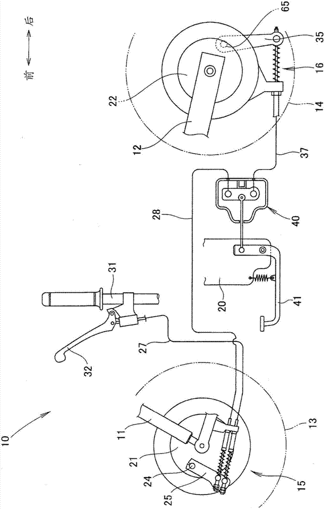 Vehicle front and rear linkage brake device