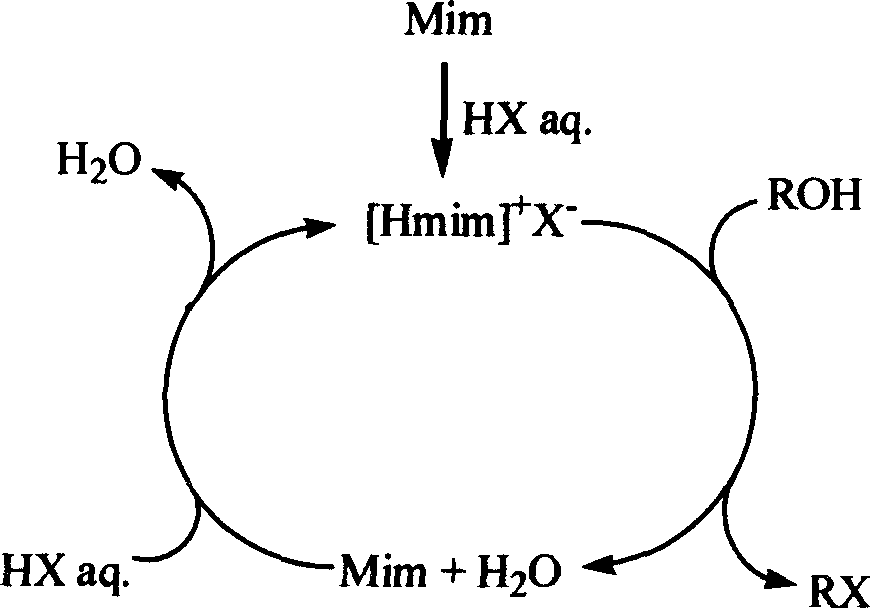 Conversion process of primary alcohol, hexamethylene glycol, tertiary amyl alcohol or cyclohexanol  into halohydrocarbon in acid ionic liquid [Hmim] X,X==Cl,Br or I)