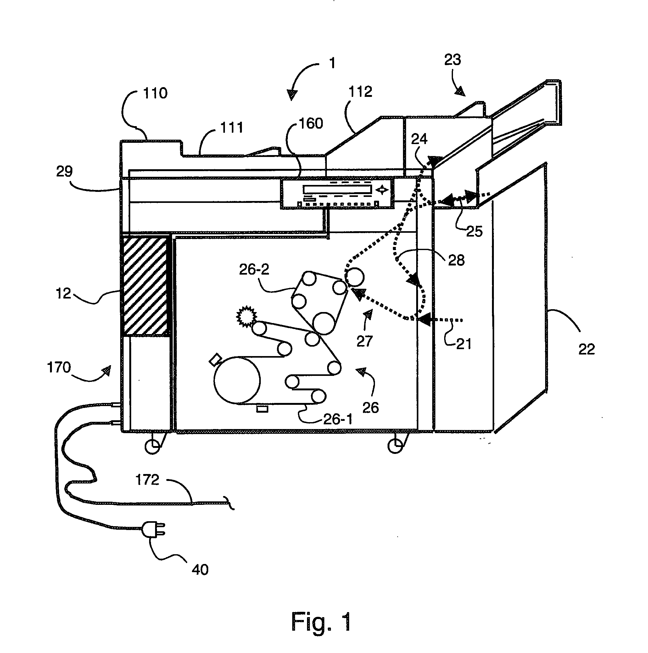Variable speed printing device with mains overload prevention