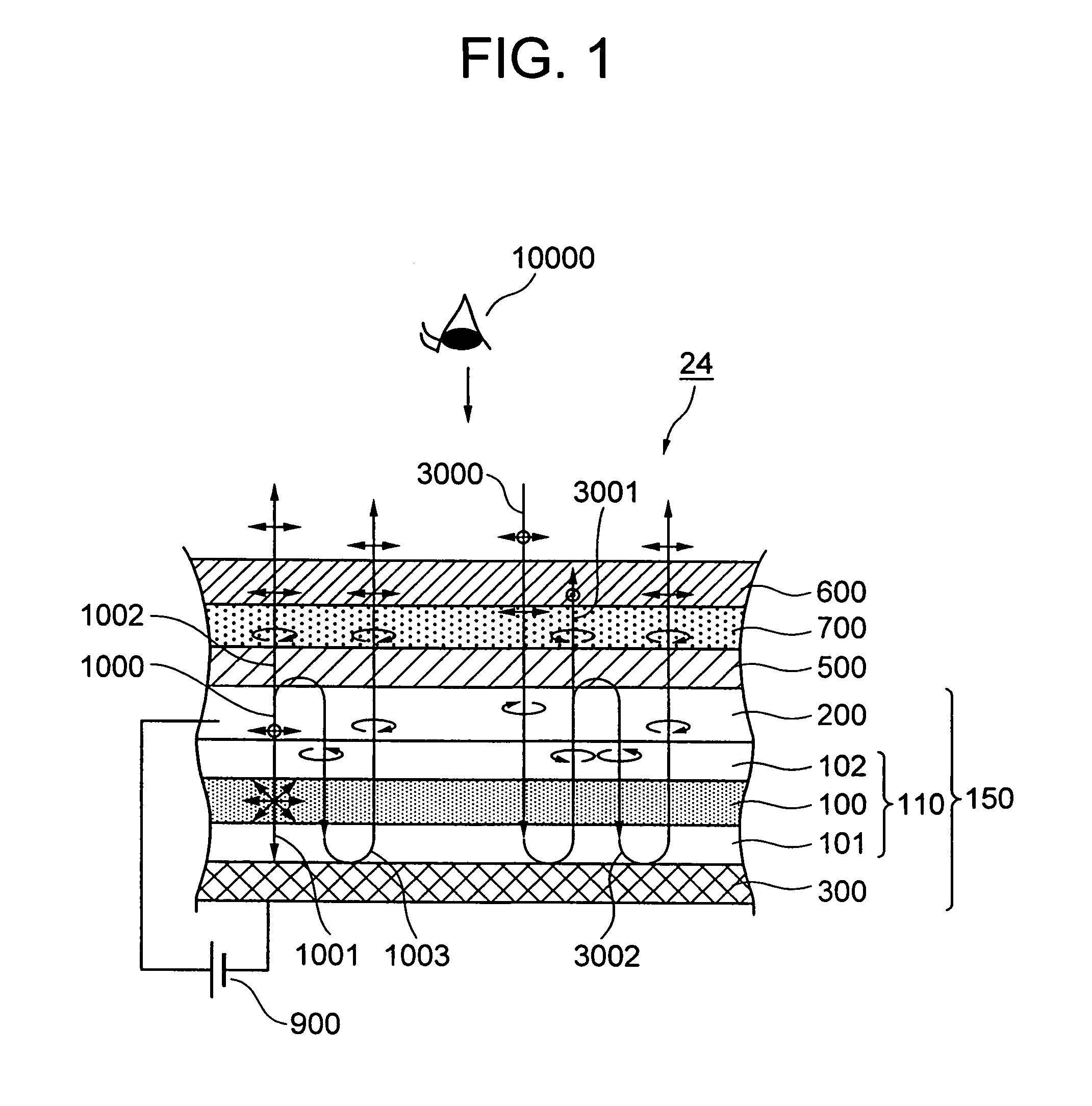 Light-emitting device and light-emitting display with a polarization separator between an emissive layer and a phase plate