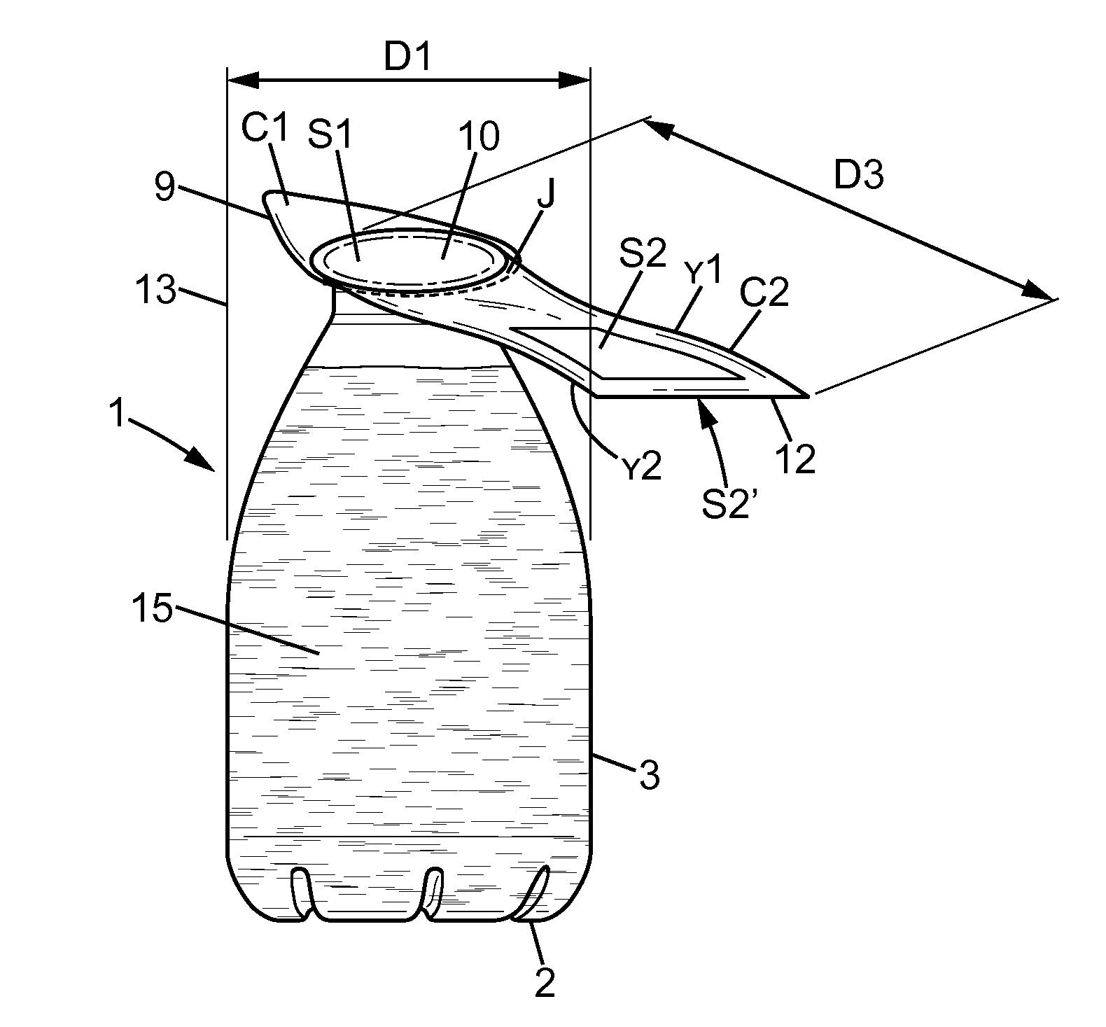 Liquid filled bottle having a cover member with a label forming extension